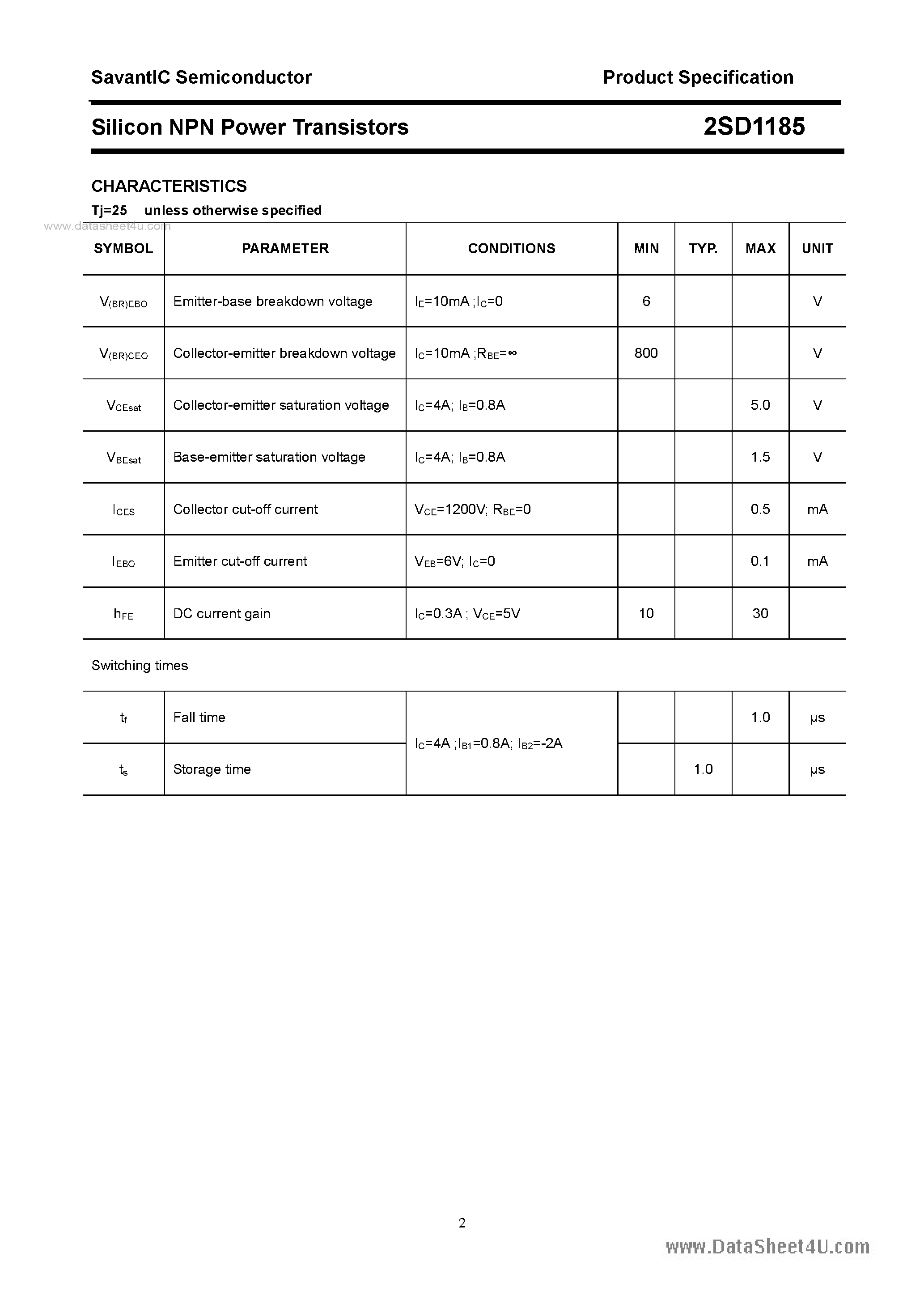 Даташит 2SD1185 - SILICON POWER TRANSISTOR страница 2