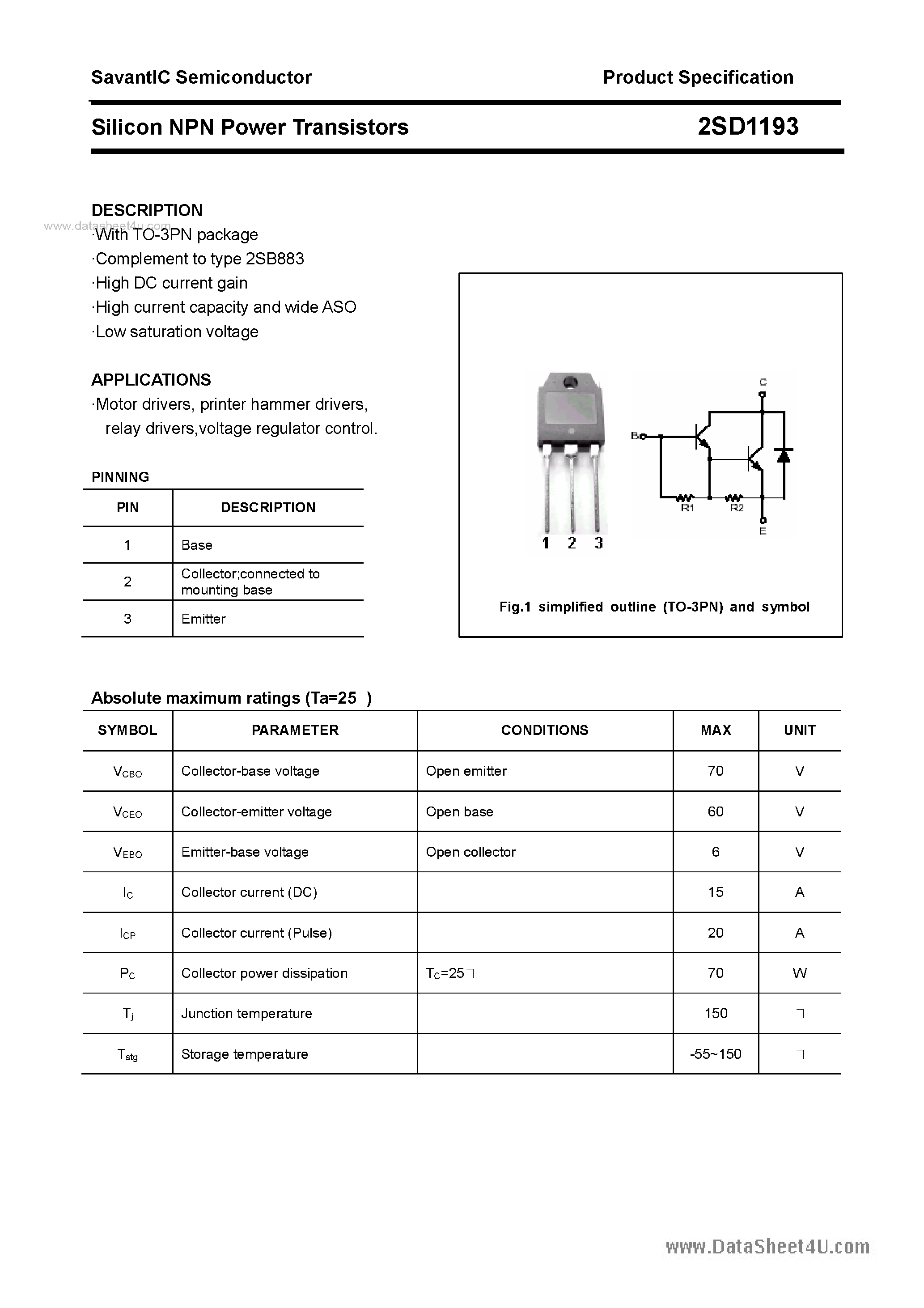 Даташит 2SD1193 - SILICON POWER TRANSISTOR страница 1