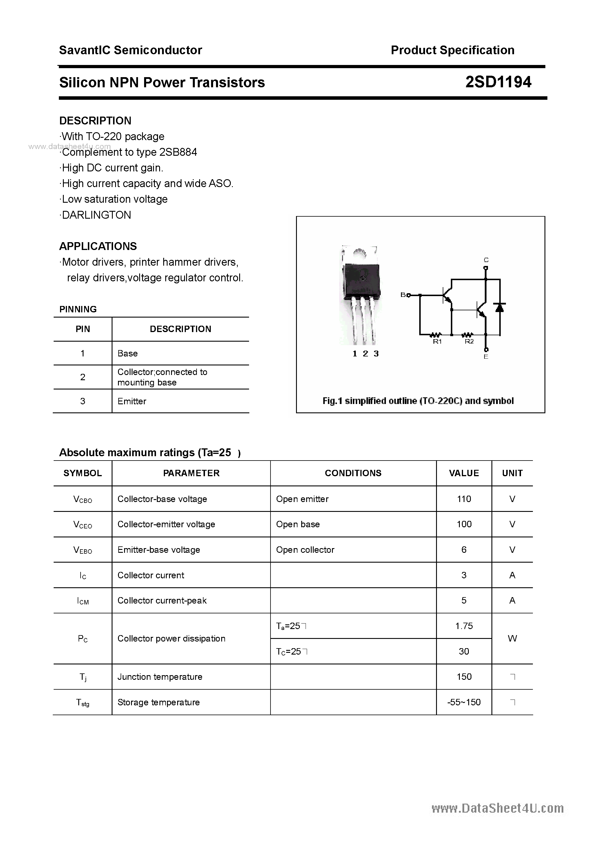 Даташит 2SD1194 - SILICON POWER TRANSISTOR страница 1