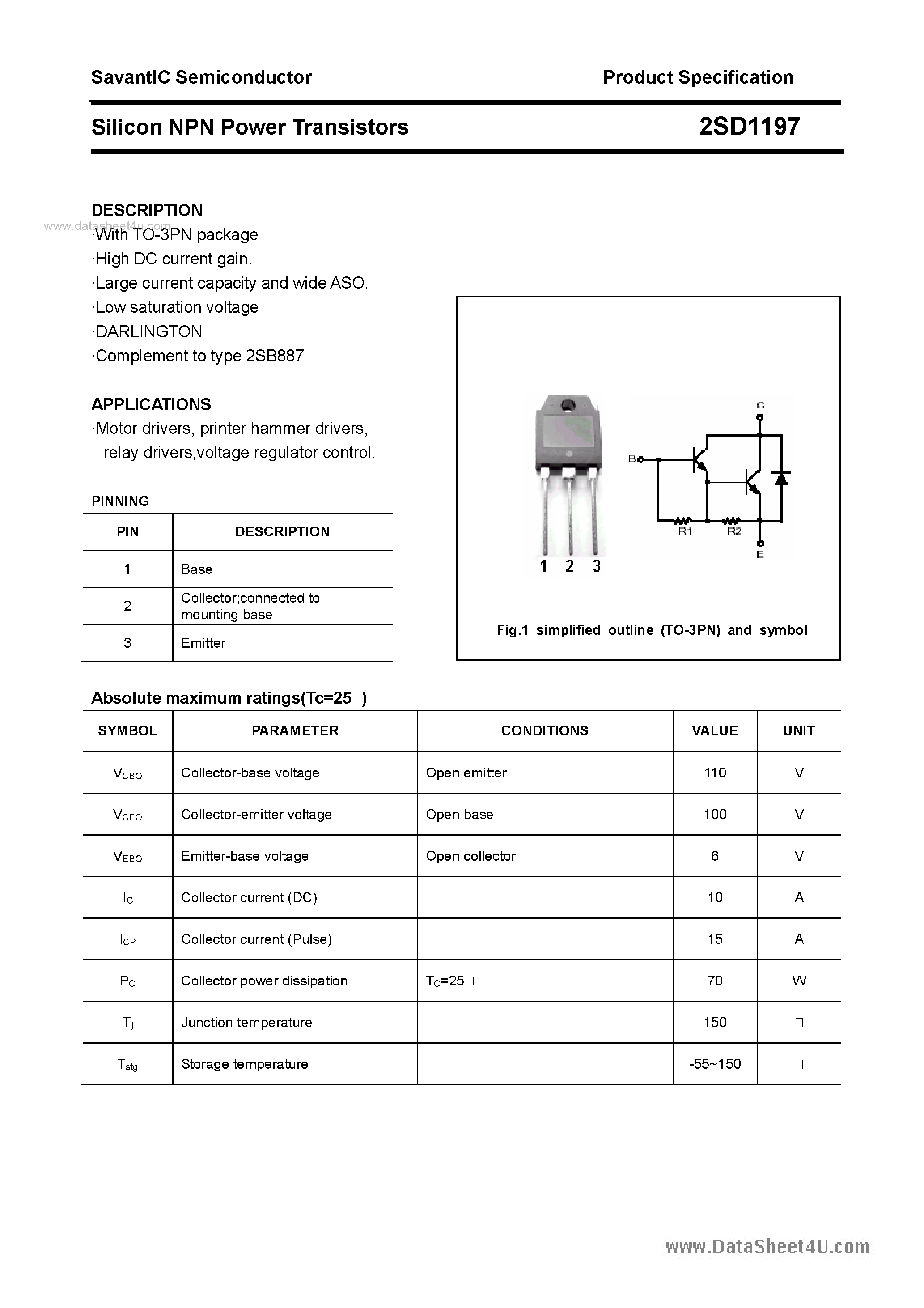 Даташит 2SD1197 - SILICON POWER TRANSISTOR страница 1