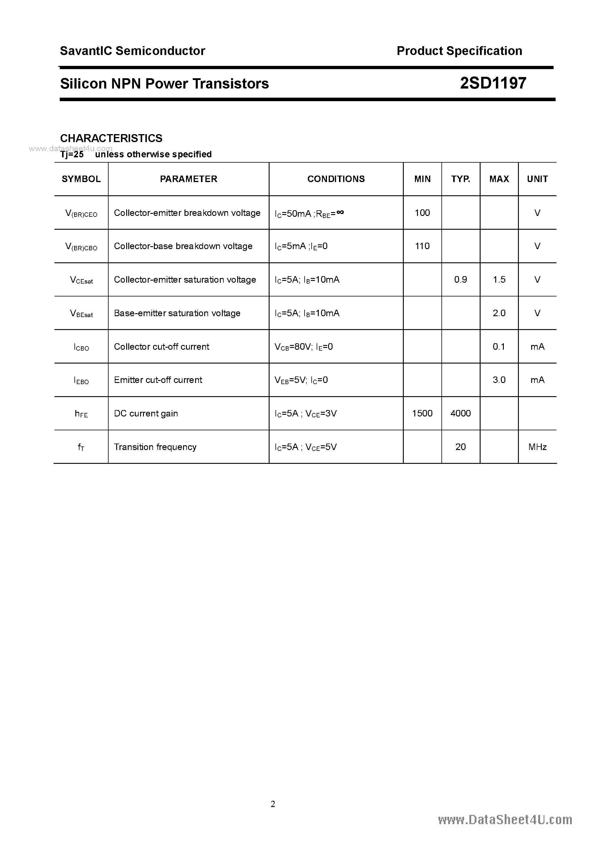 Даташит 2SD1197 - SILICON POWER TRANSISTOR страница 2