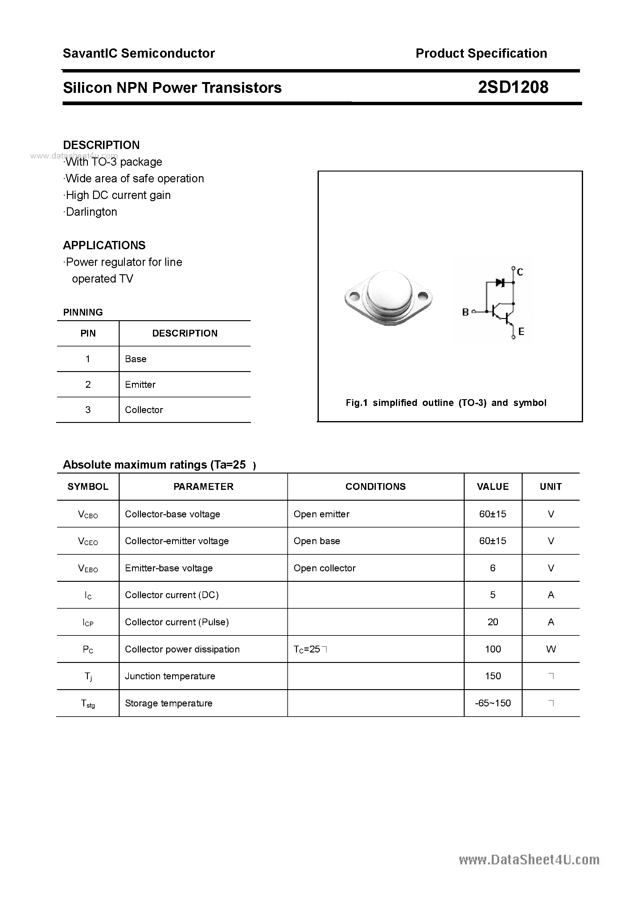 Даташит 2SD1208 - SILICON POWER TRANSISTOR страница 1