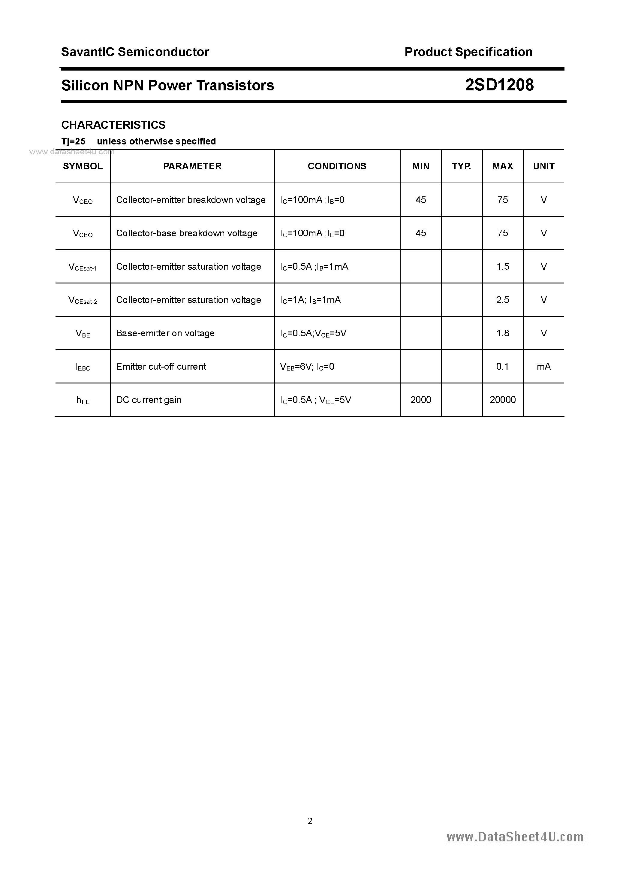 Даташит 2SD1208 - SILICON POWER TRANSISTOR страница 2