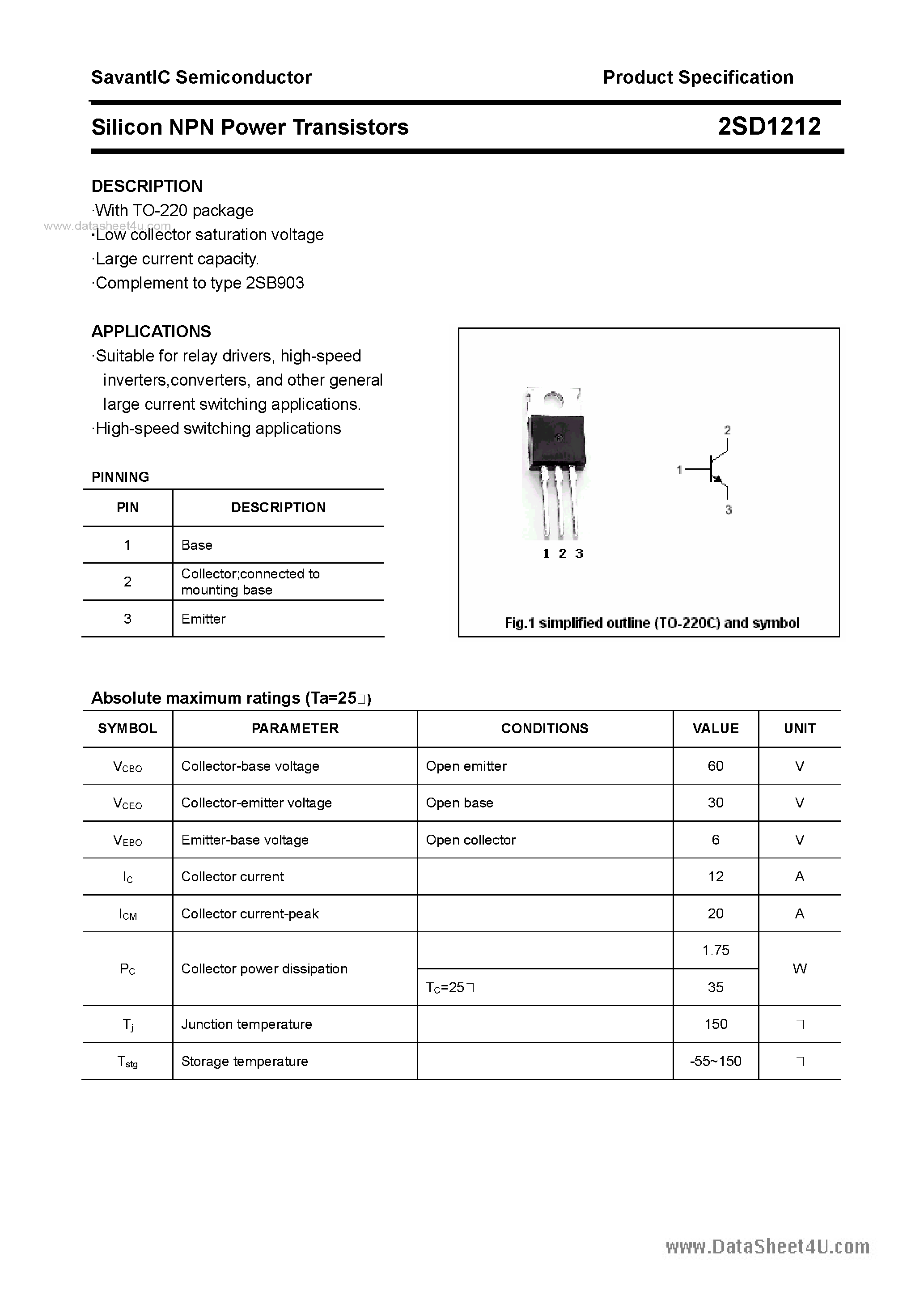 Даташит 2SD1212 - SILICON POWER TRANSISTOR страница 1