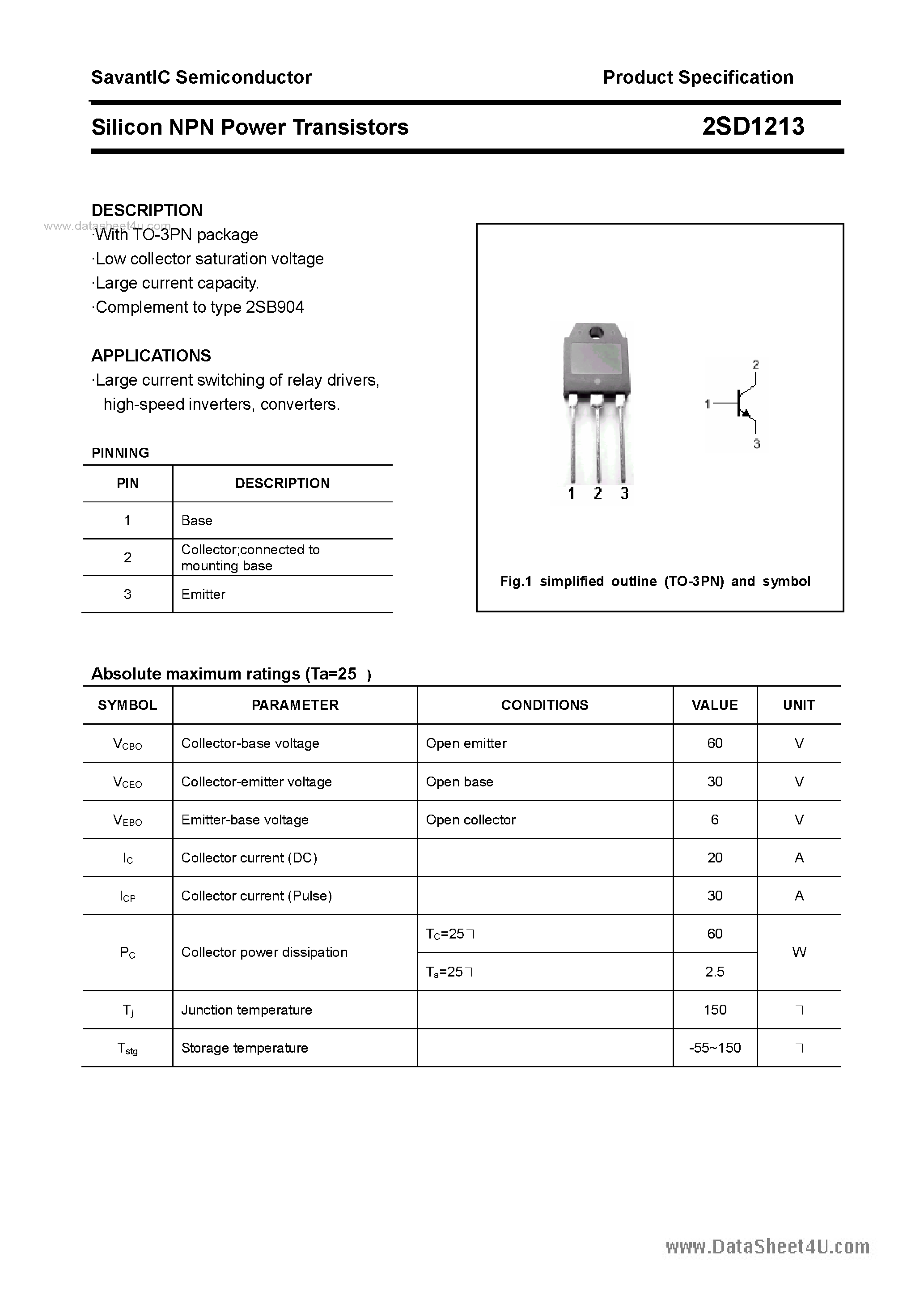 Даташит 2SD1213 - SILICON POWER TRANSISTOR страница 1