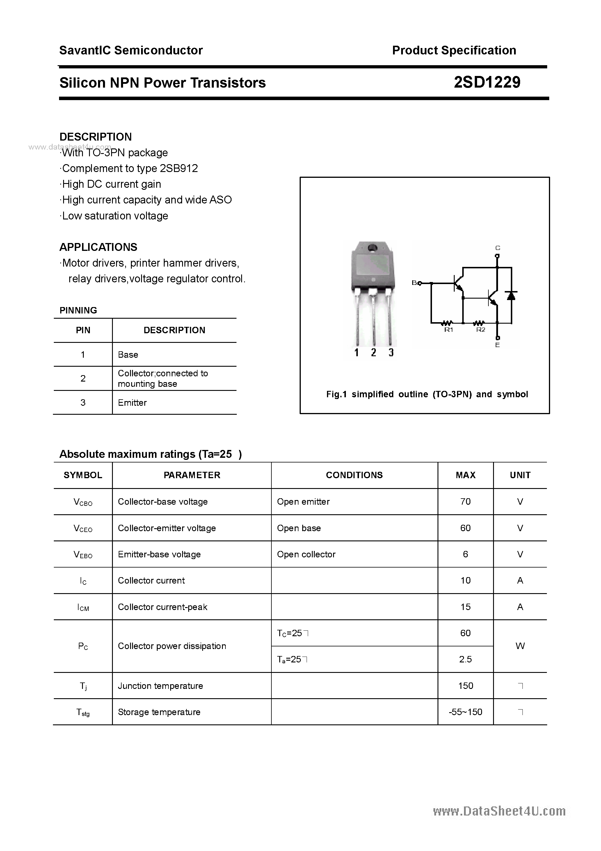 Даташит 2SD1229 - SILICON POWER TRANSISTOR страница 1