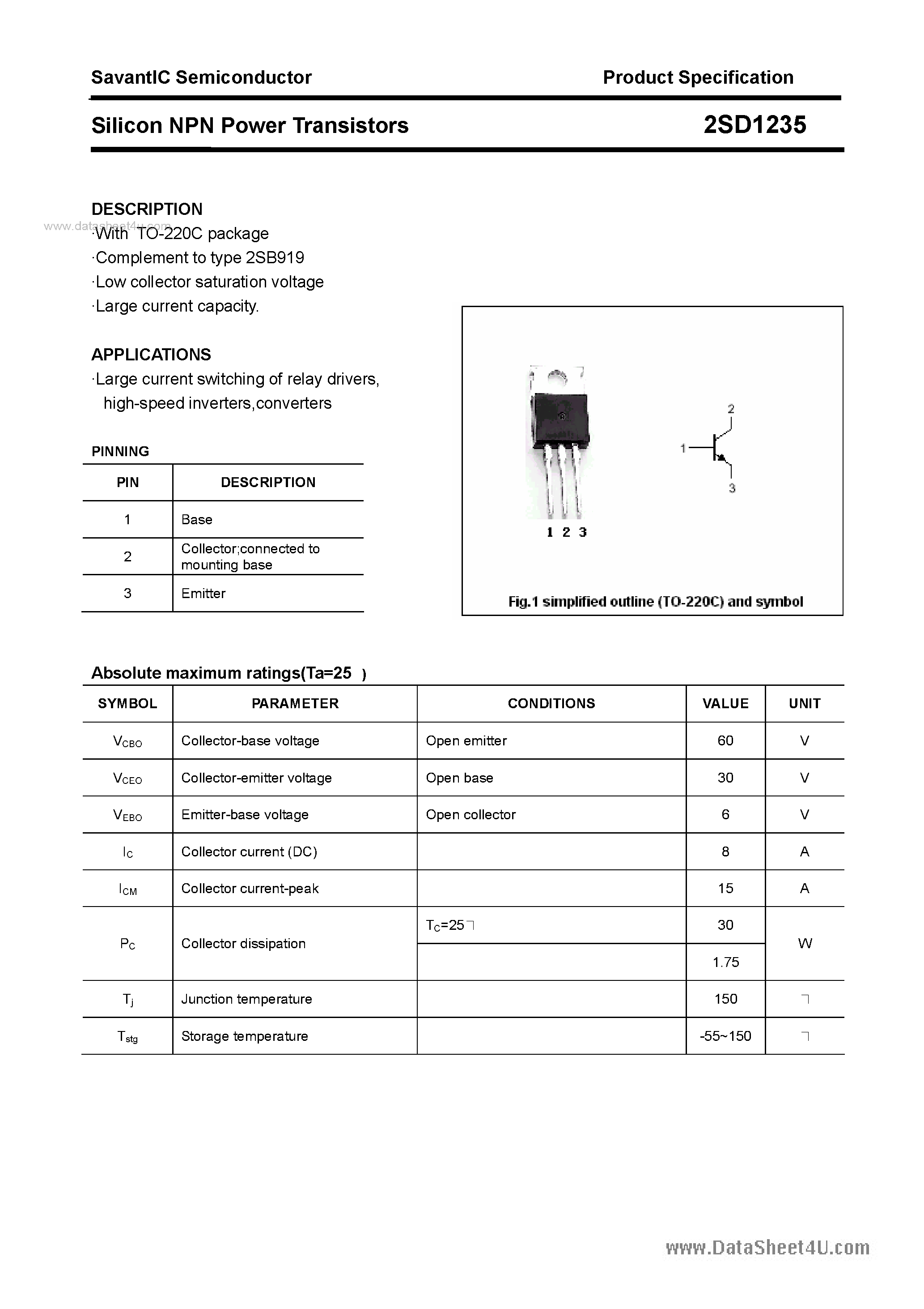 Даташит 2SD1235 - SILICON POWER TRANSISTOR страница 1