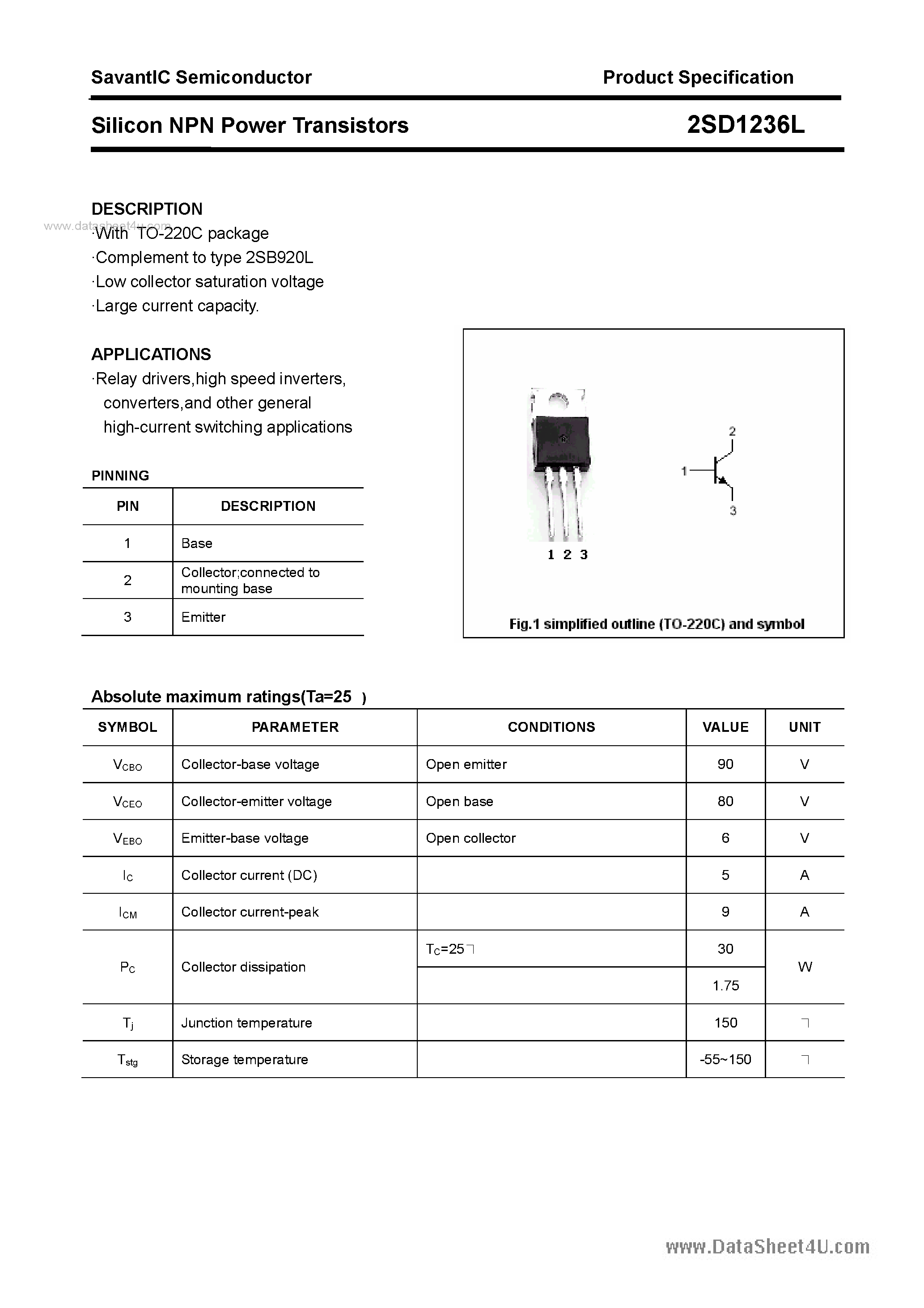 Даташит 2SD1236L - SILICON POWER TRANSISTOR страница 1