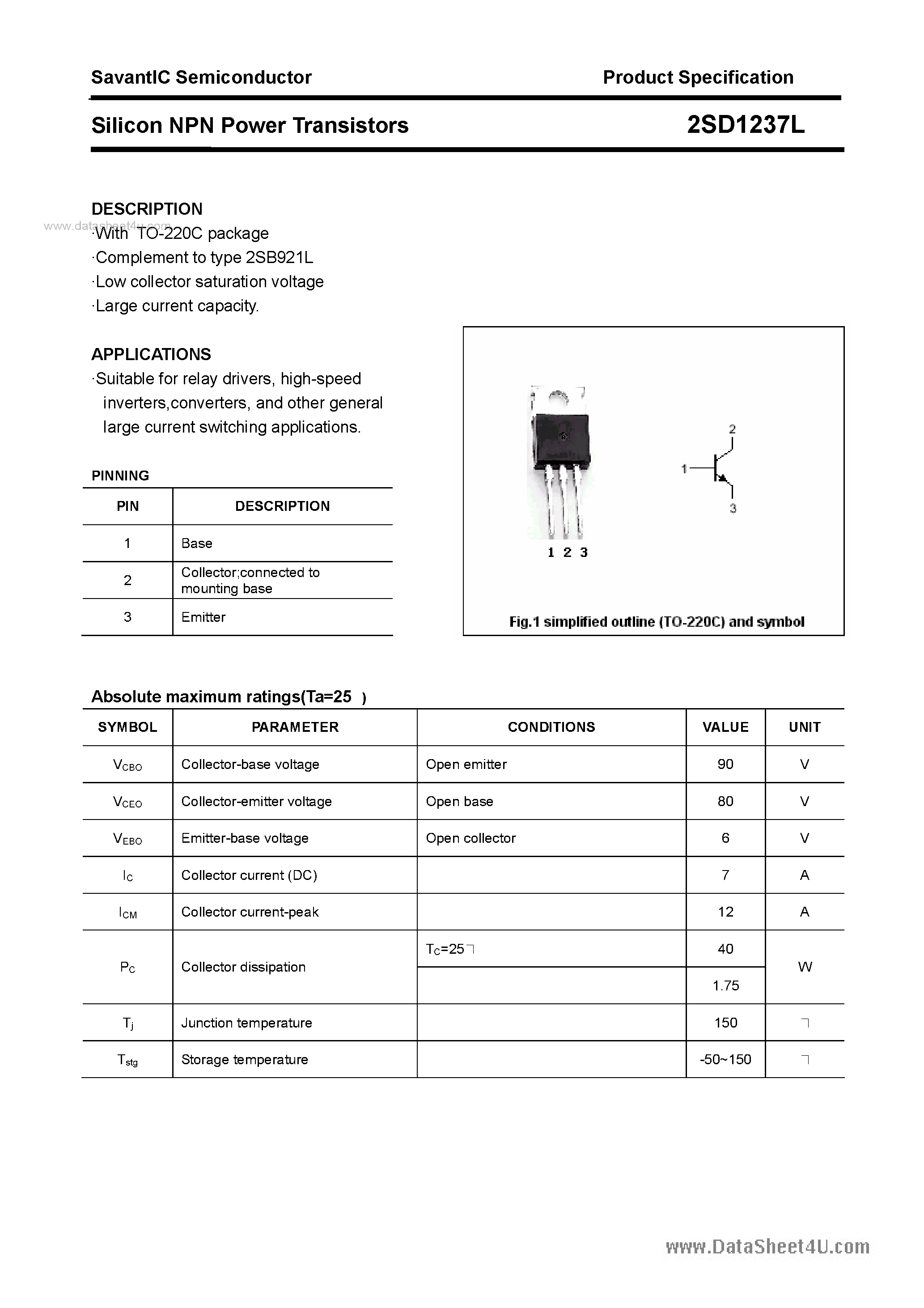 Даташит 2SD1237L - SILICON POWER TRANSISTOR страница 1