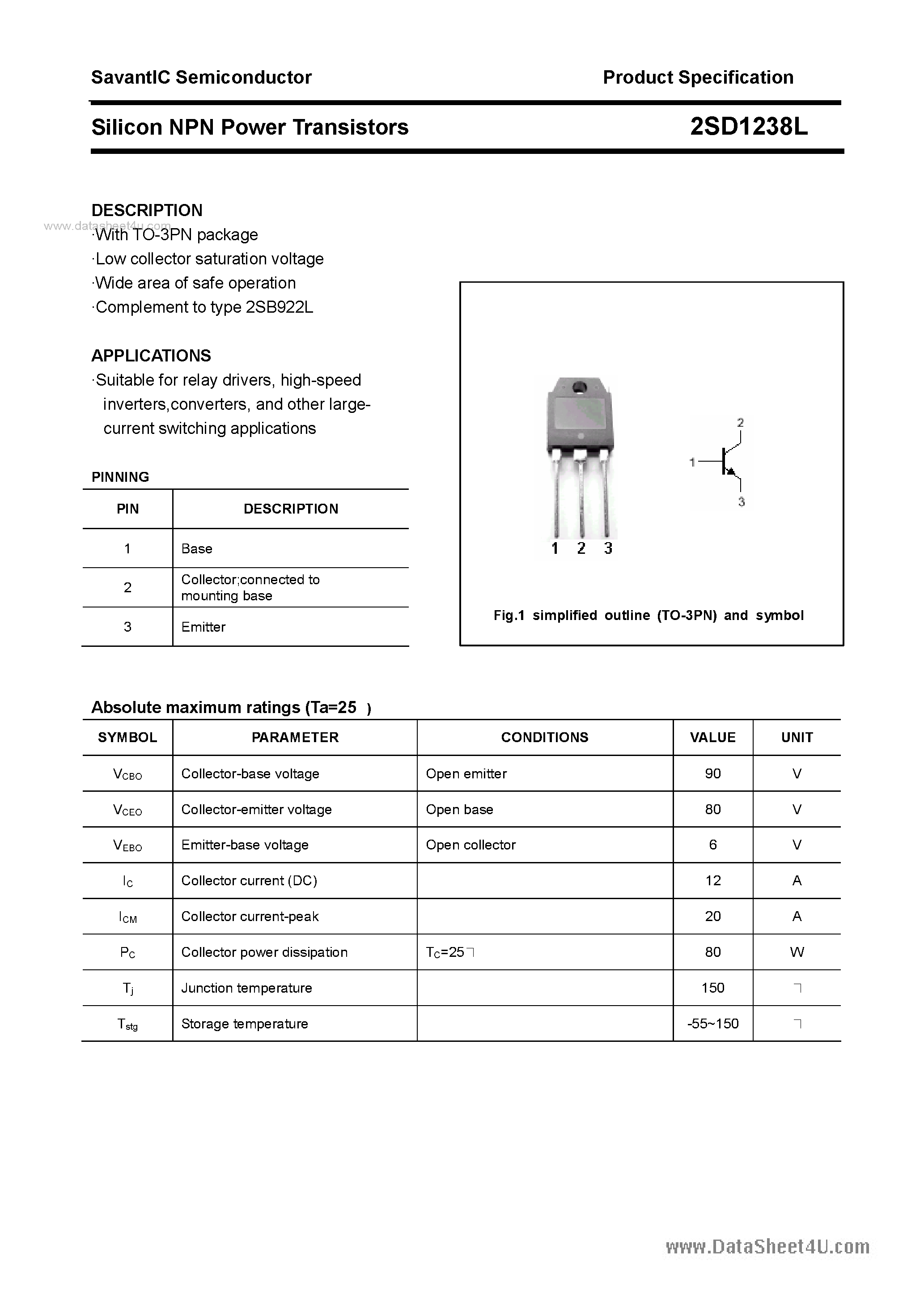 Даташит 2SD1238L - SILICON POWER TRANSISTOR страница 1