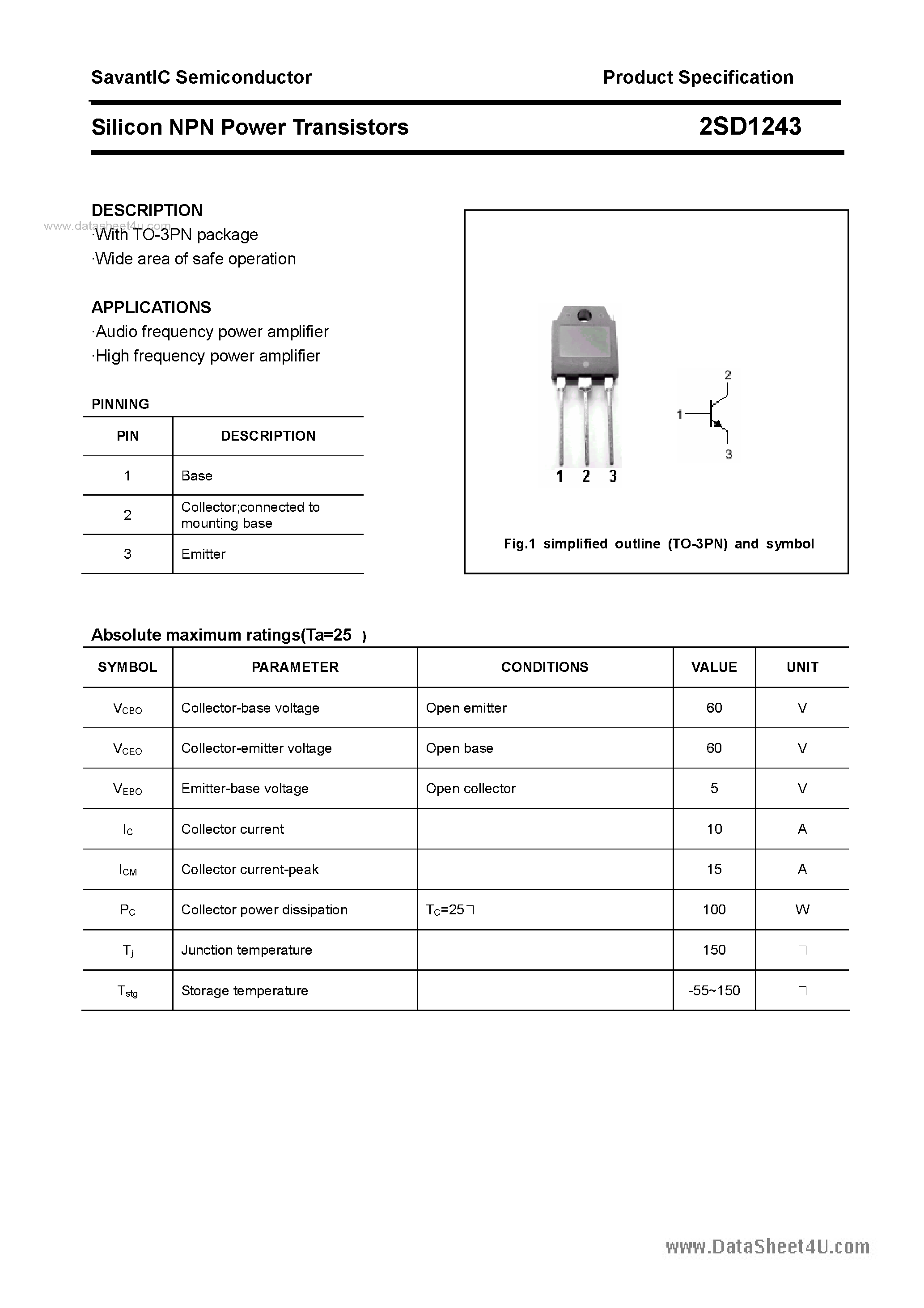 Даташит 2SD1243 - SILICON POWER TRANSISTOR страница 1