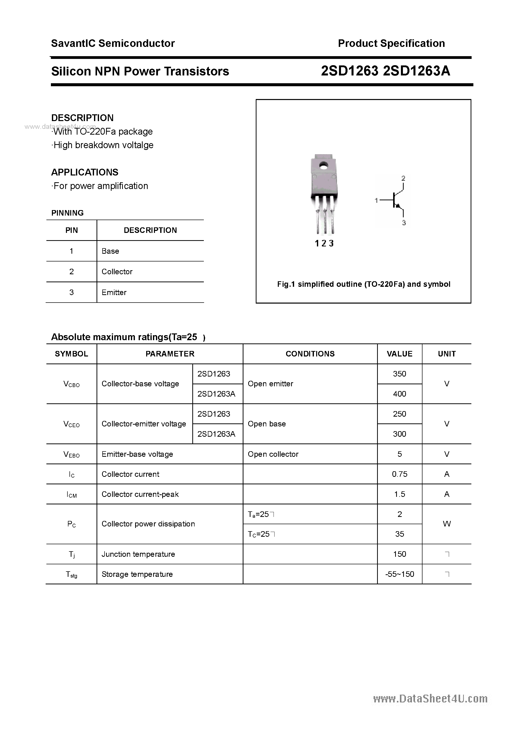 Даташит 2SD1263 - SILICON POWER TRANSISTOR страница 1