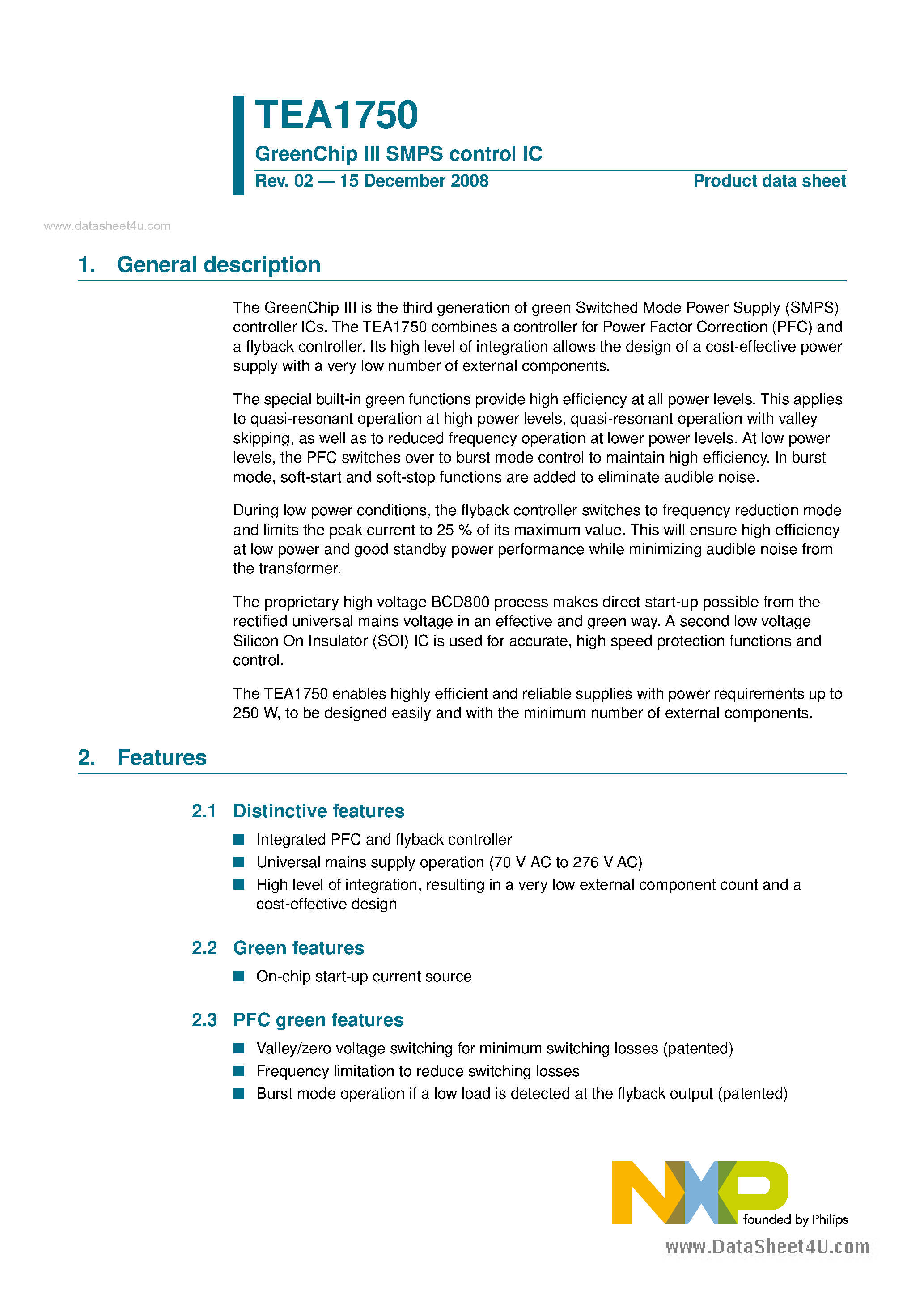 Datasheet TEA1750 - GreenChip III SMPS control IC page 1