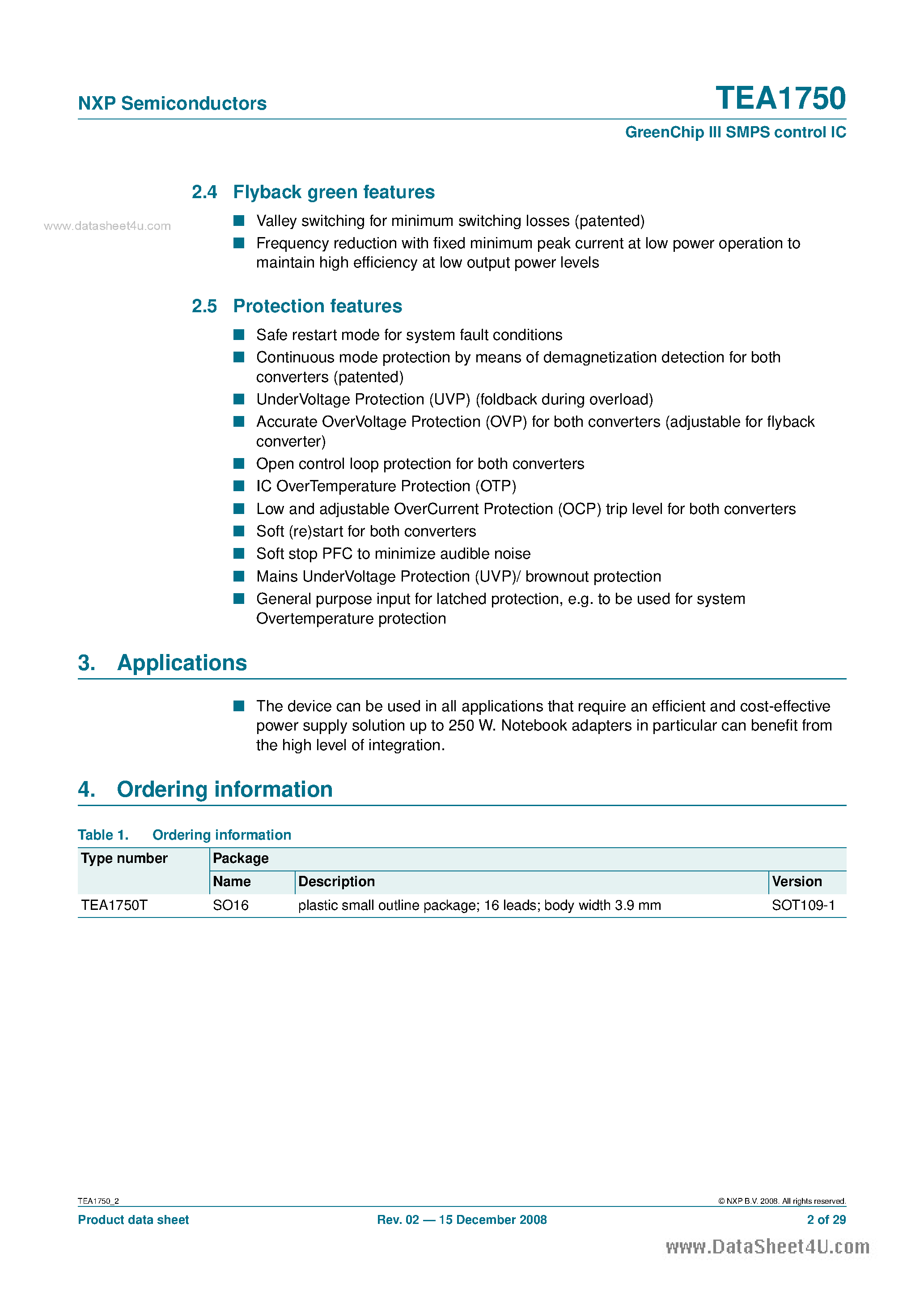 Datasheet TEA1750 - GreenChip III SMPS control IC page 2