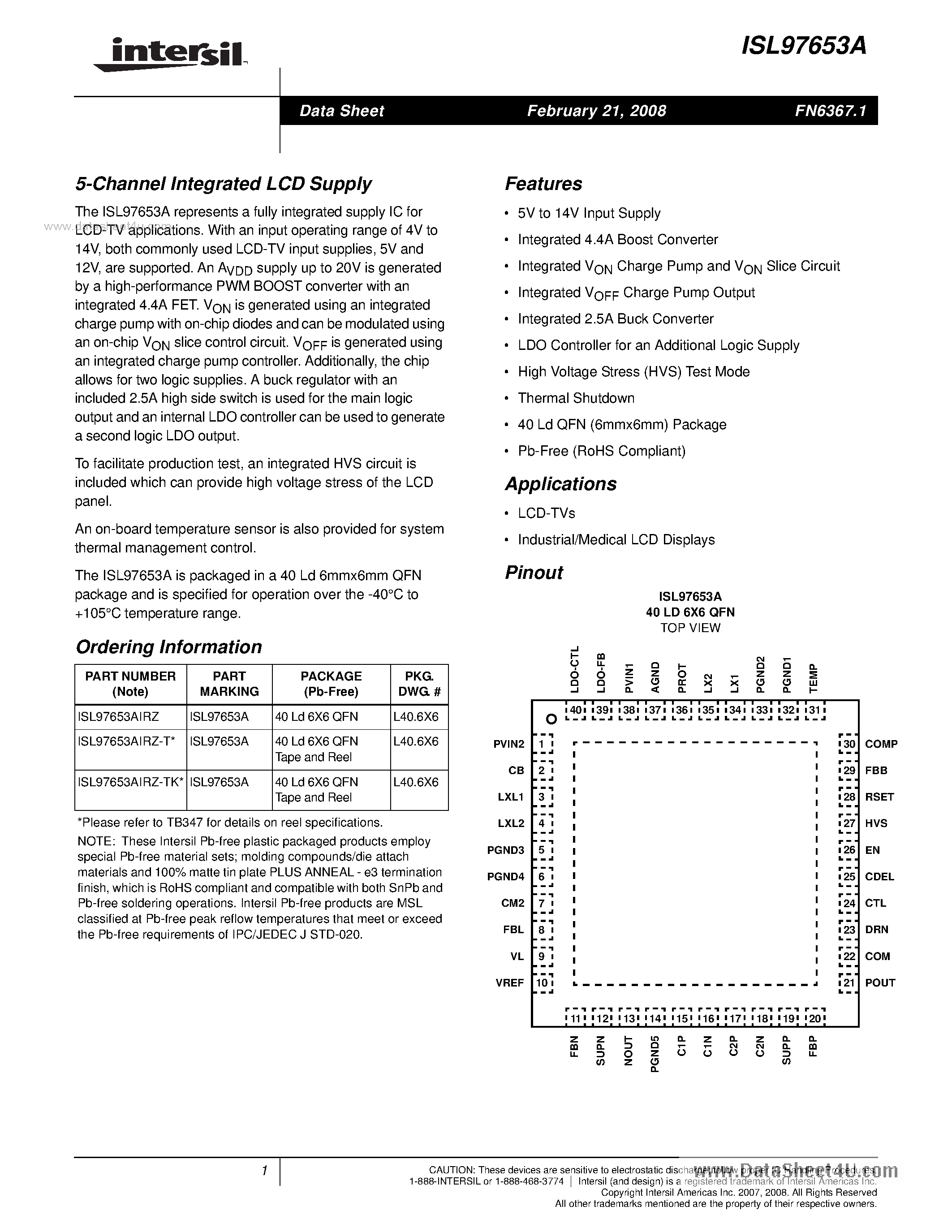 Datasheet ISL97653A - 5-Channel Integrated LCD Supply page 1