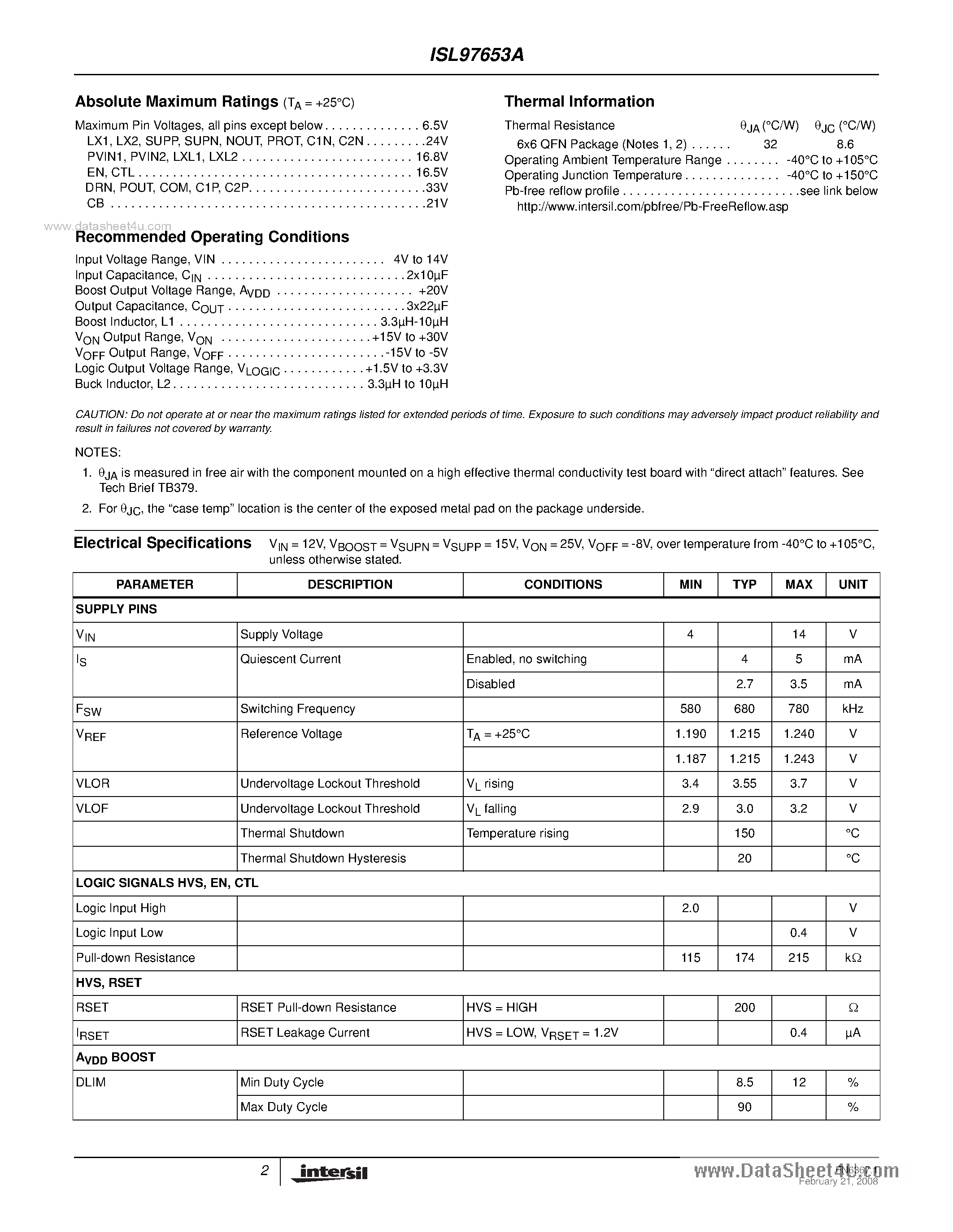 Datasheet ISL97653A - 5-Channel Integrated LCD Supply page 2