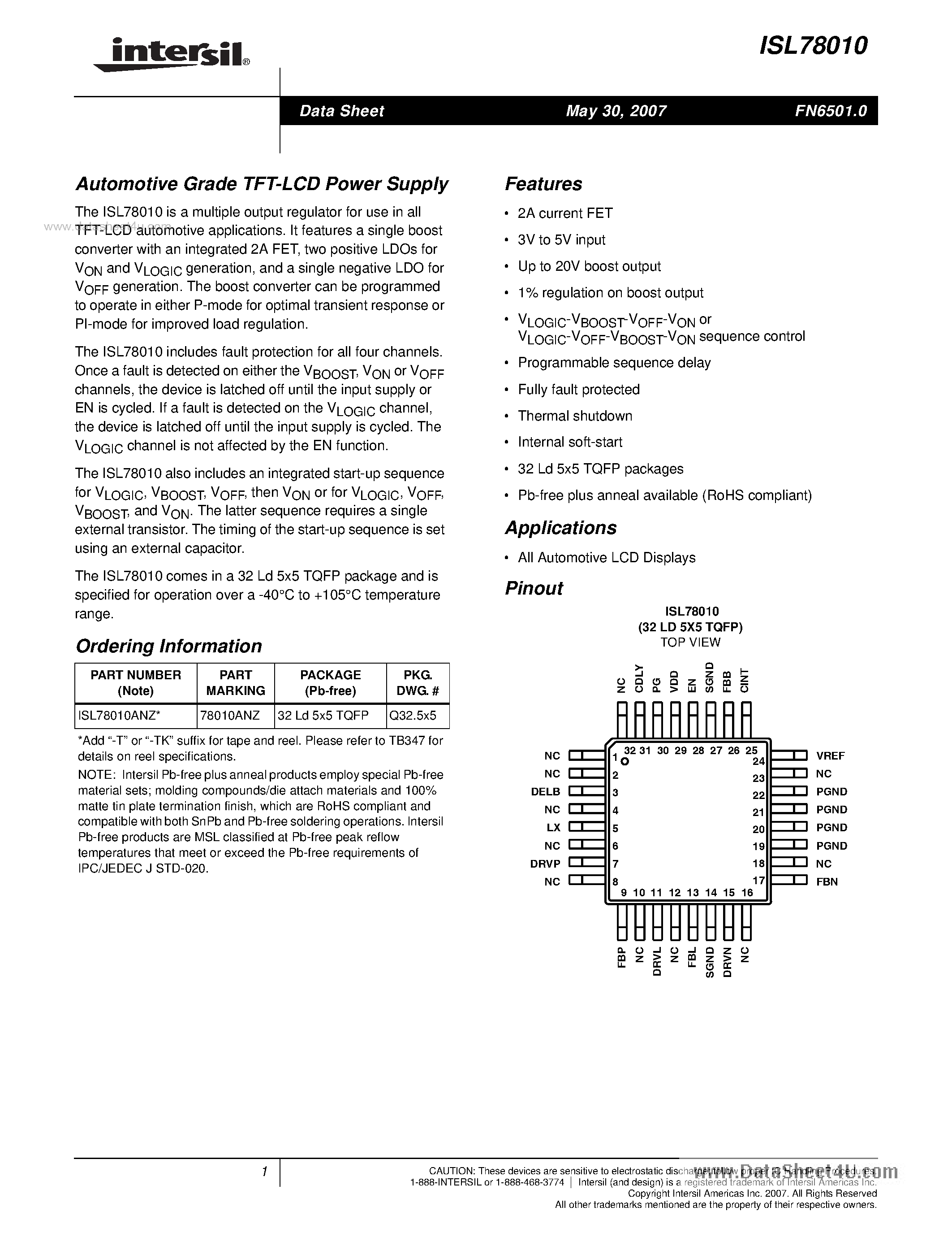 Datasheet ISL78010 - Automotive Grade TFT-LCD Power Supply page 1