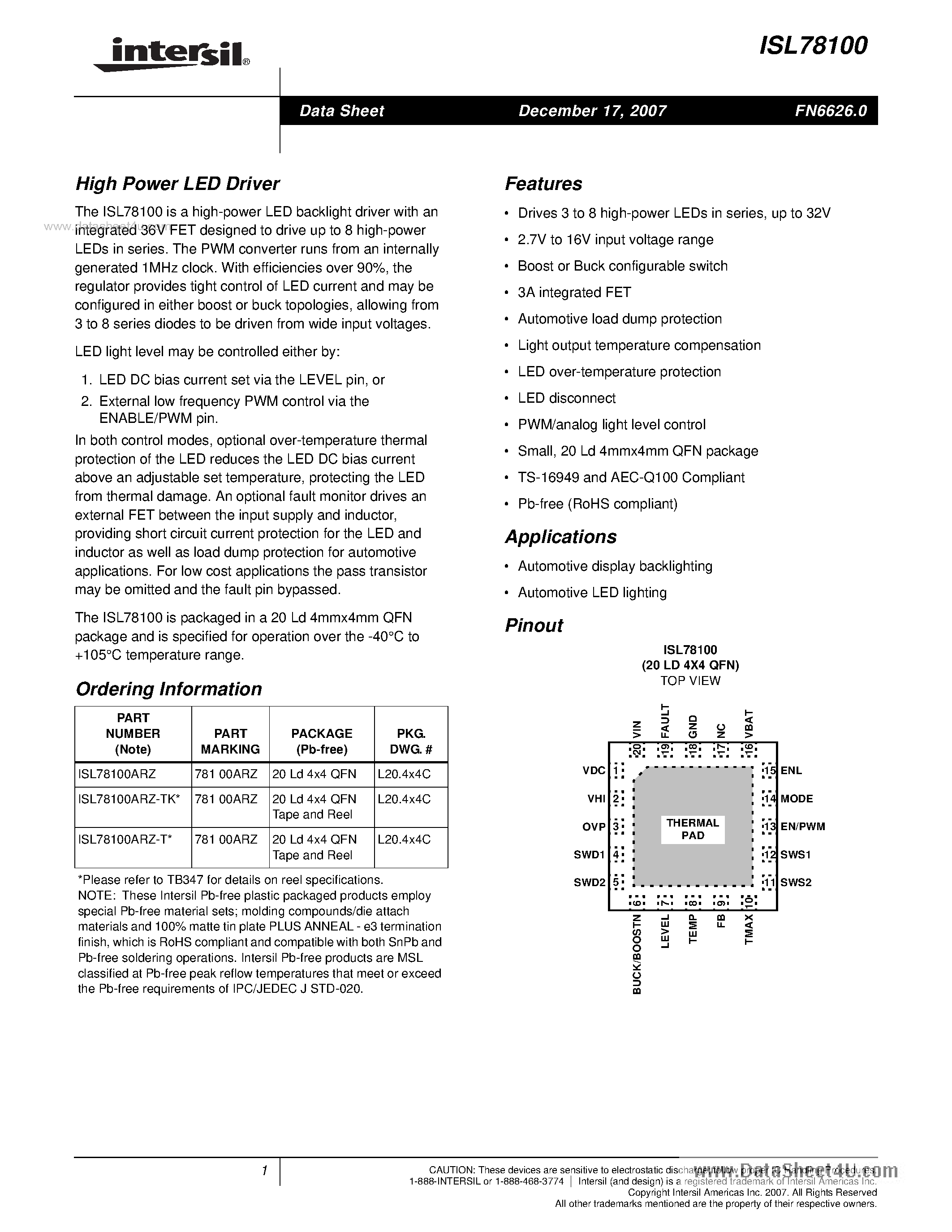 Datasheet ISL78100 - High Power LED Driver page 1