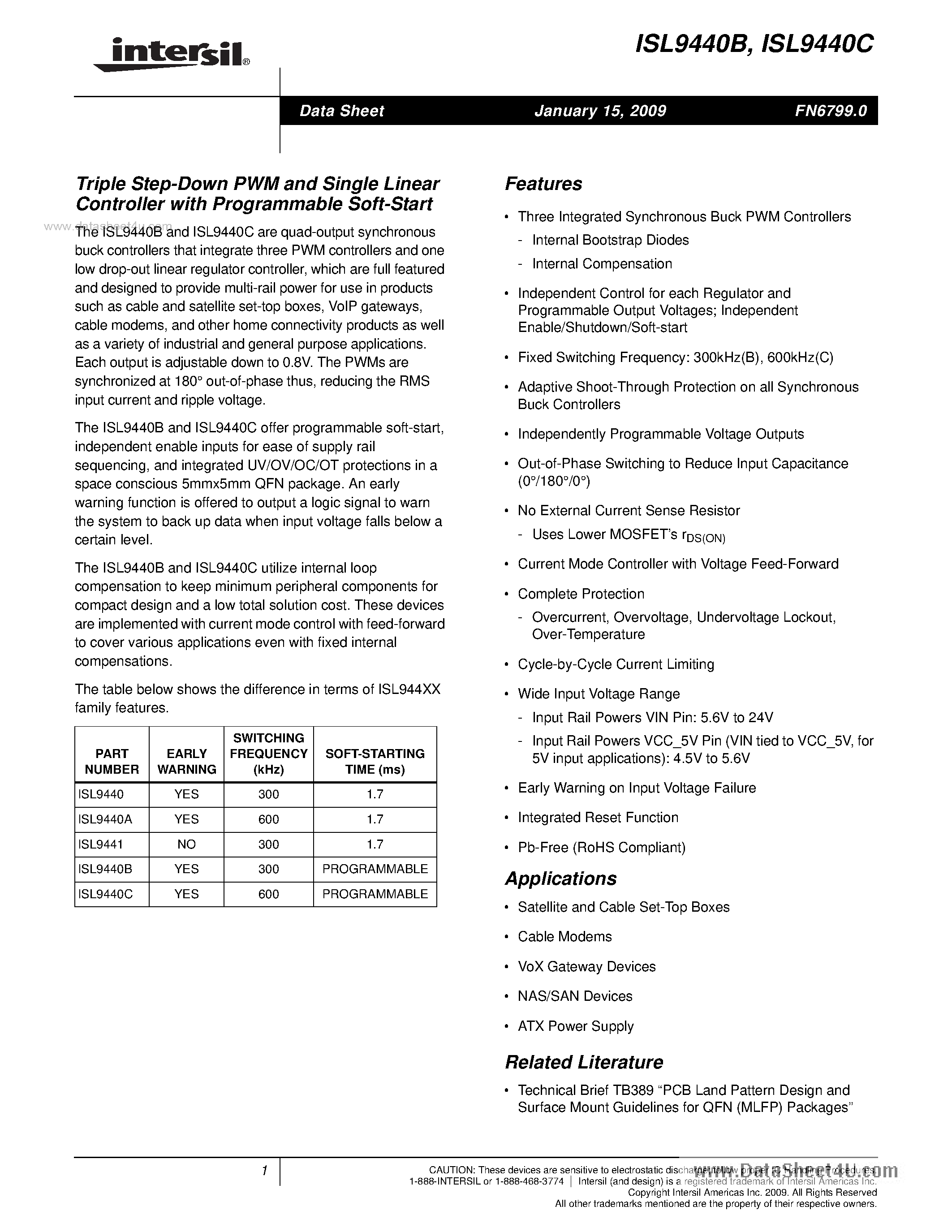 Datasheet ISL9440B - Triple Step-Down PWM and Single Linear Controller page 1