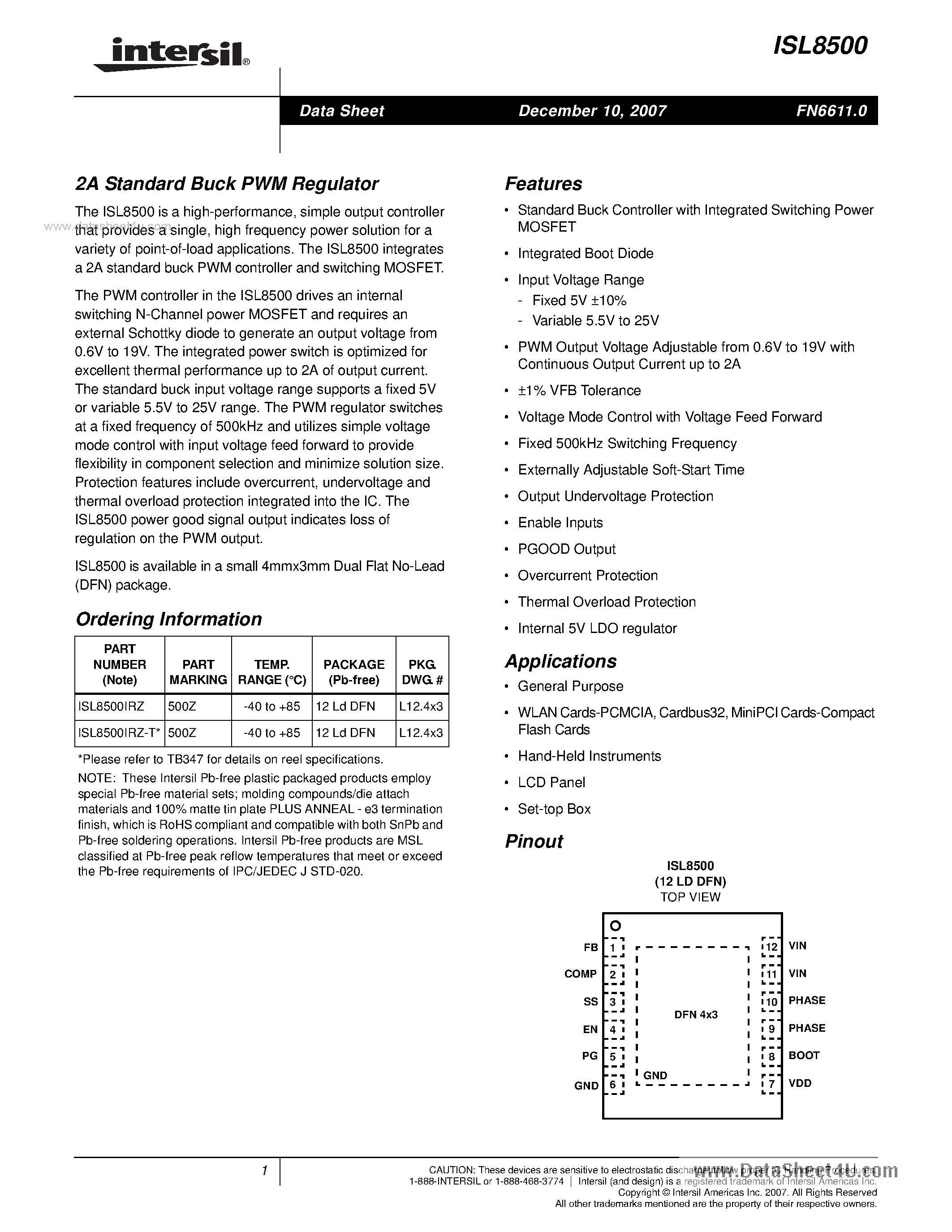 Datasheet ISL8500 - 2A Standard Buck PWM Regulator page 1