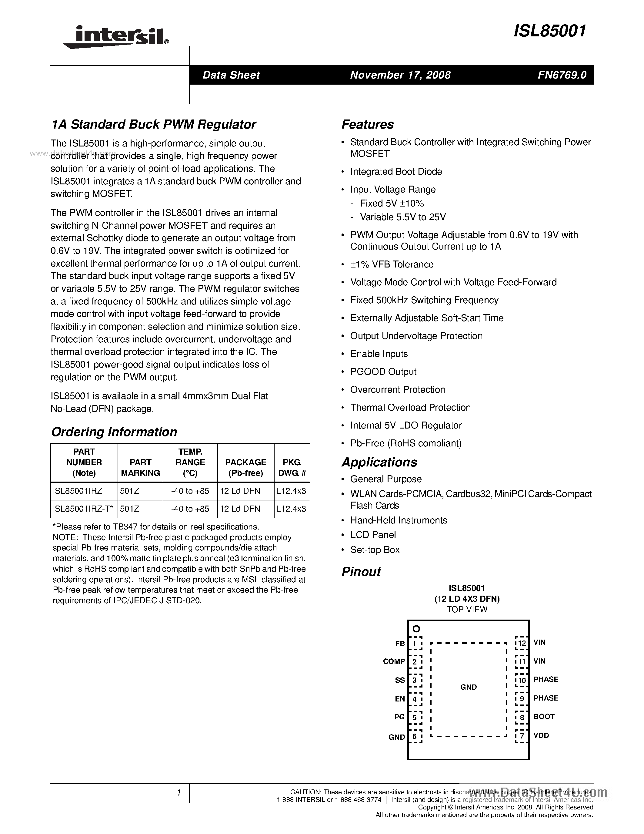 Datasheet ISL85001 - 1A Standard Buck PWM Regulator page 1