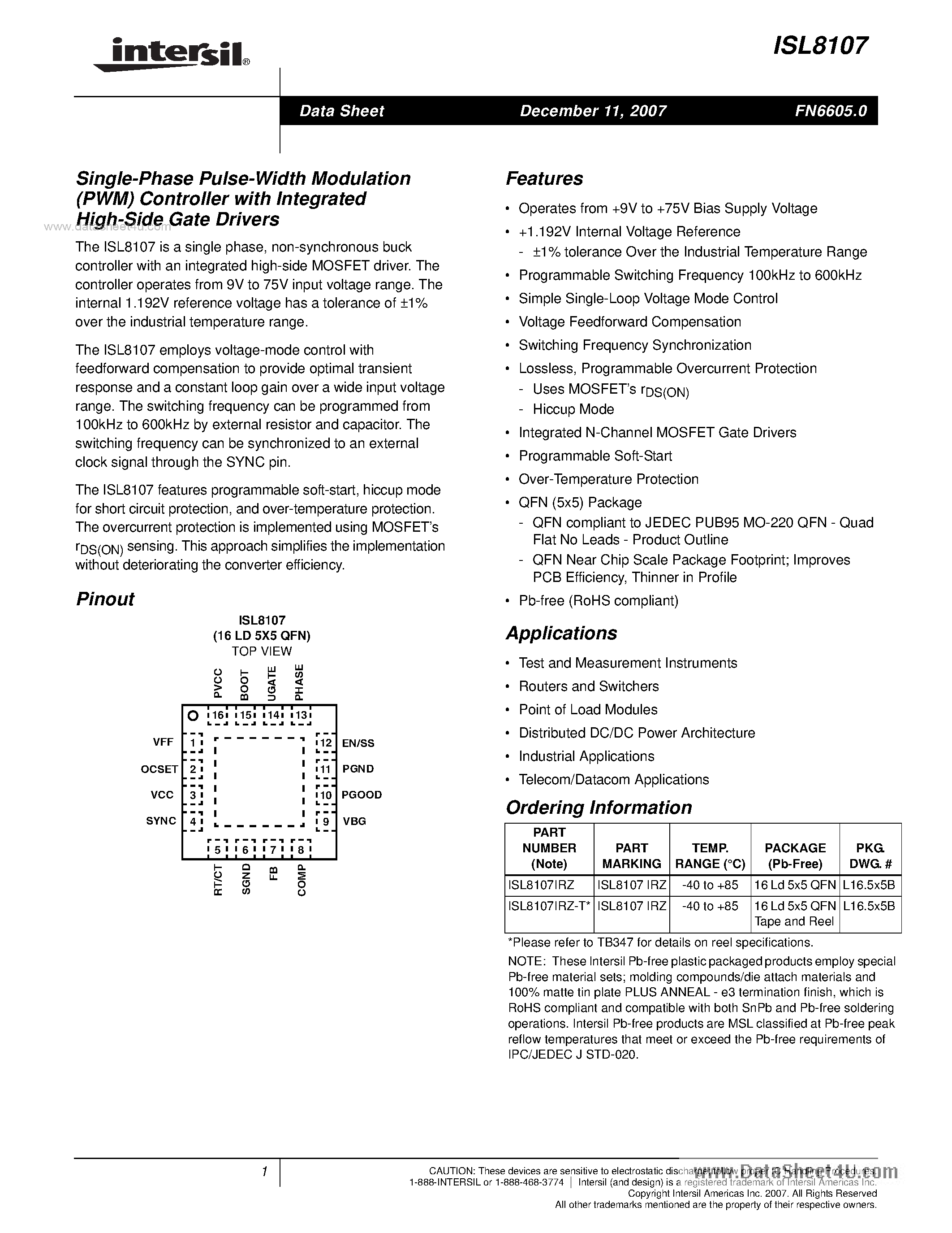 Datasheet ISL8107 - Single-Phase Pulse-Width Modulation (PWM) Controller page 1