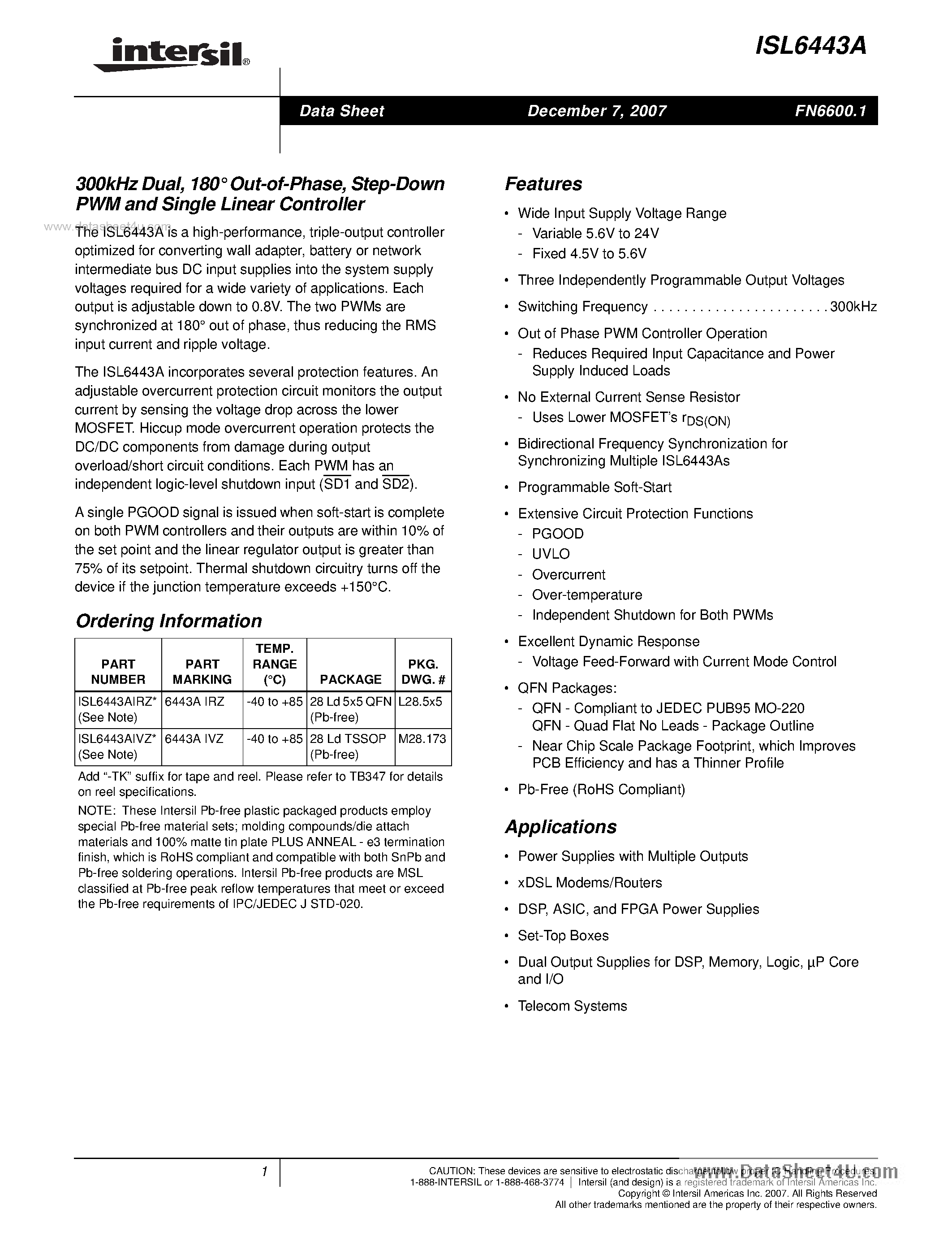 Datasheet ISL6443A - Step-Down PWM and Single Linear Controller page 1