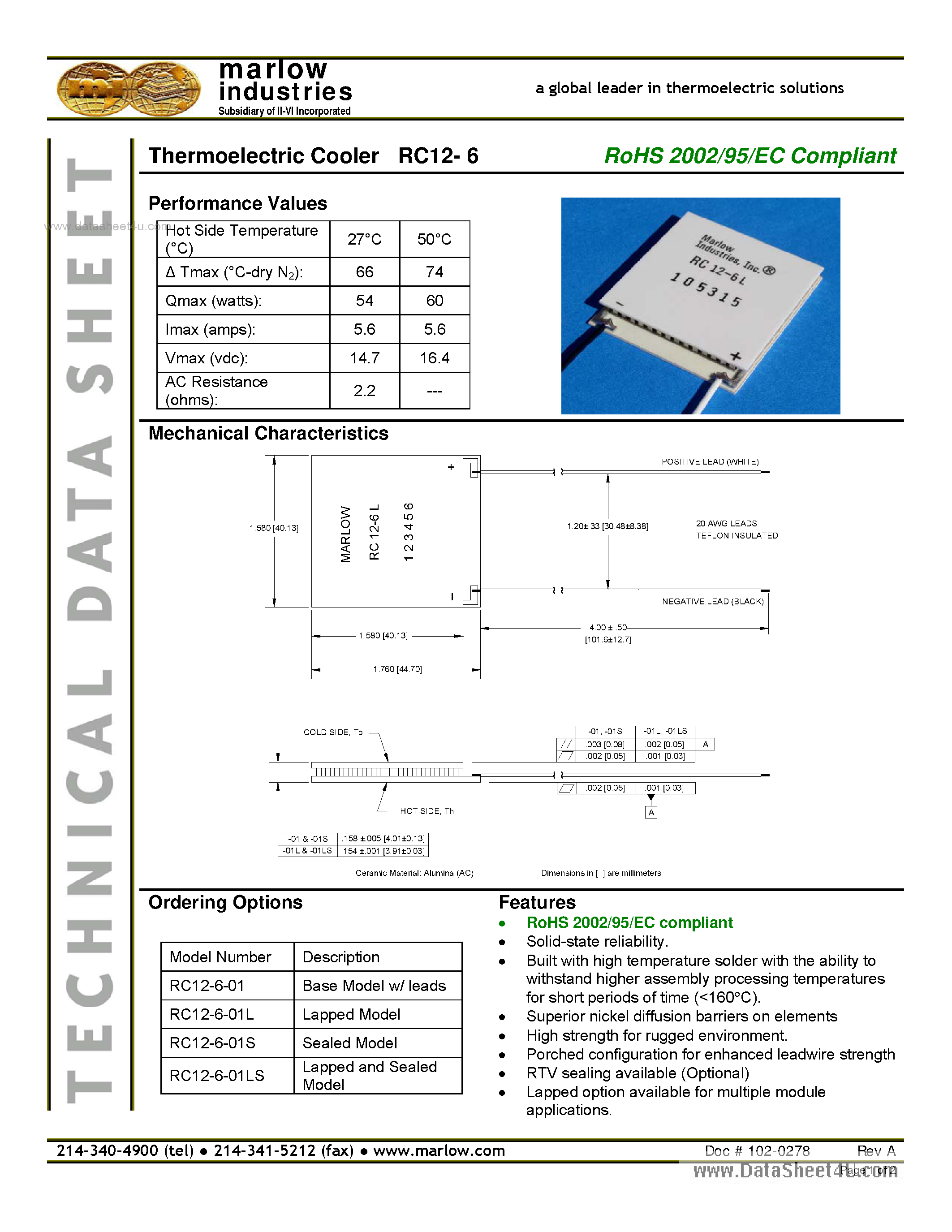 Даташит RC12-6 - Thermoelectric Cooler страница 1