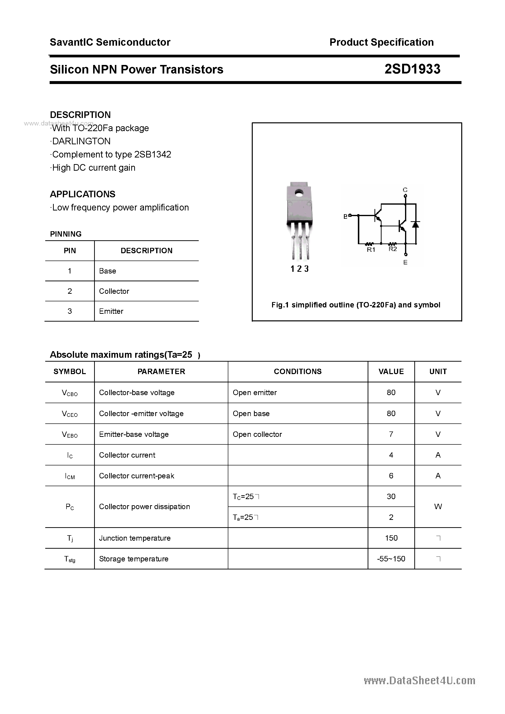 Даташит 2SD1933 - SILICON POWER TRANSISTOR страница 1