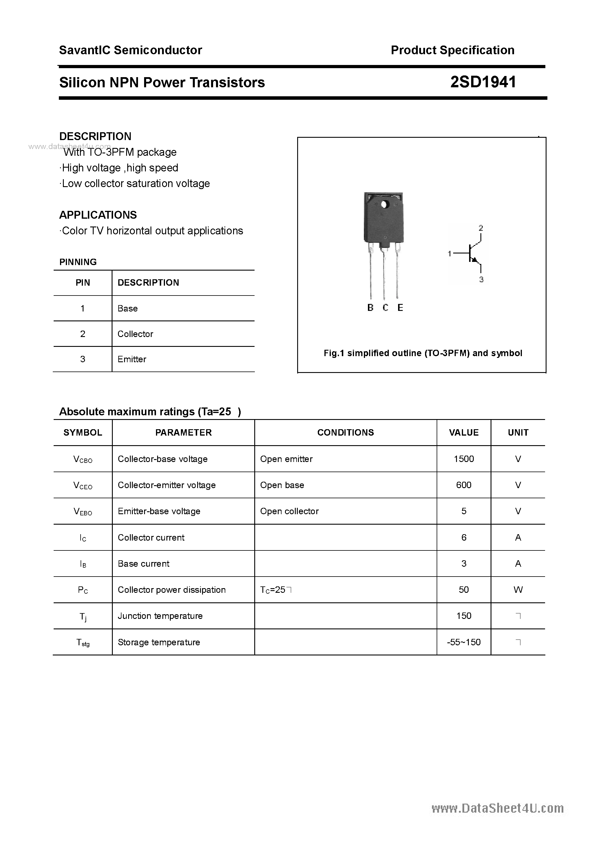 Даташит 2SD1941 - SILICON POWER TRANSISTOR страница 1