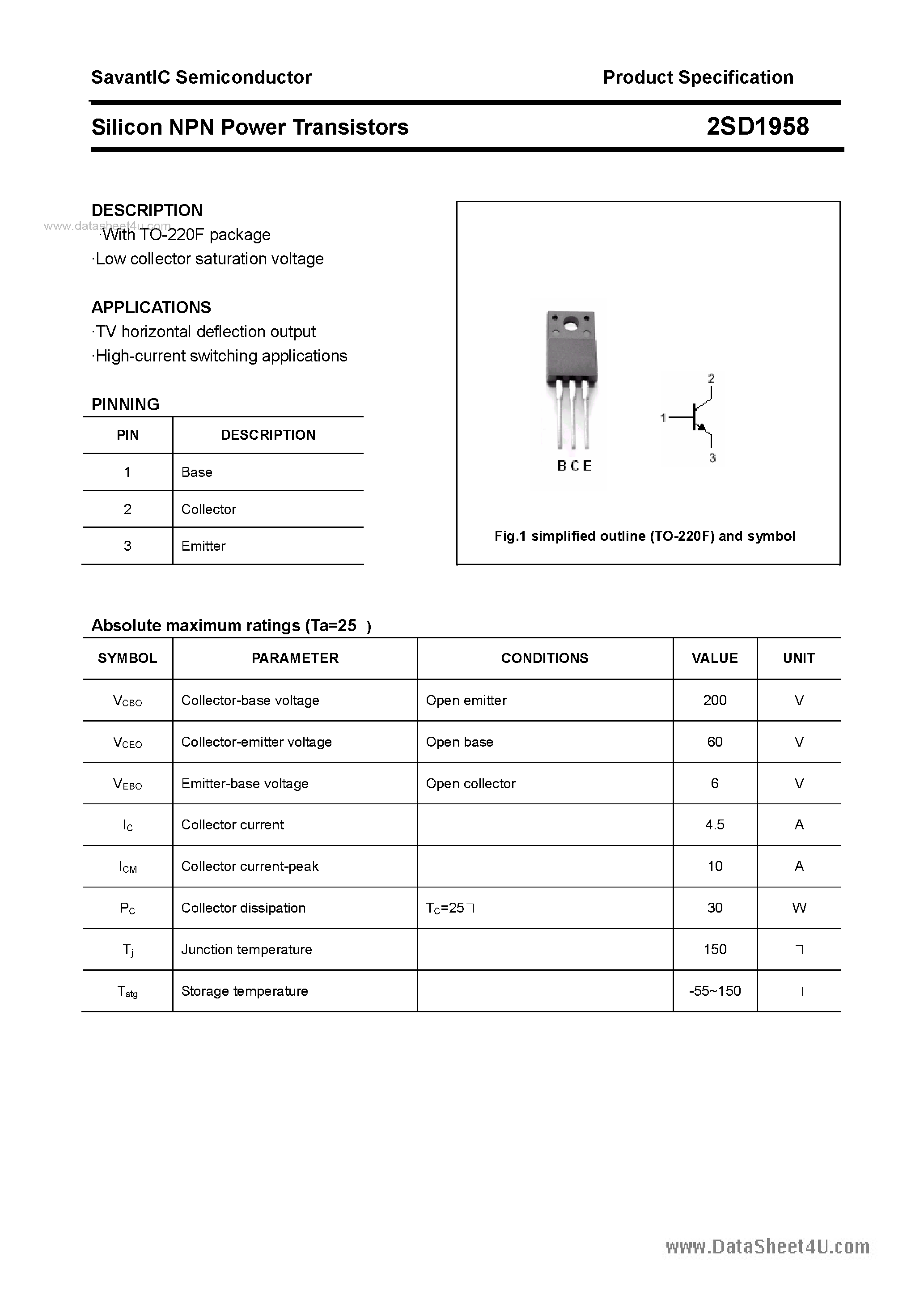 Даташит 2SD1958 - SILICON POWER TRANSISTOR страница 1