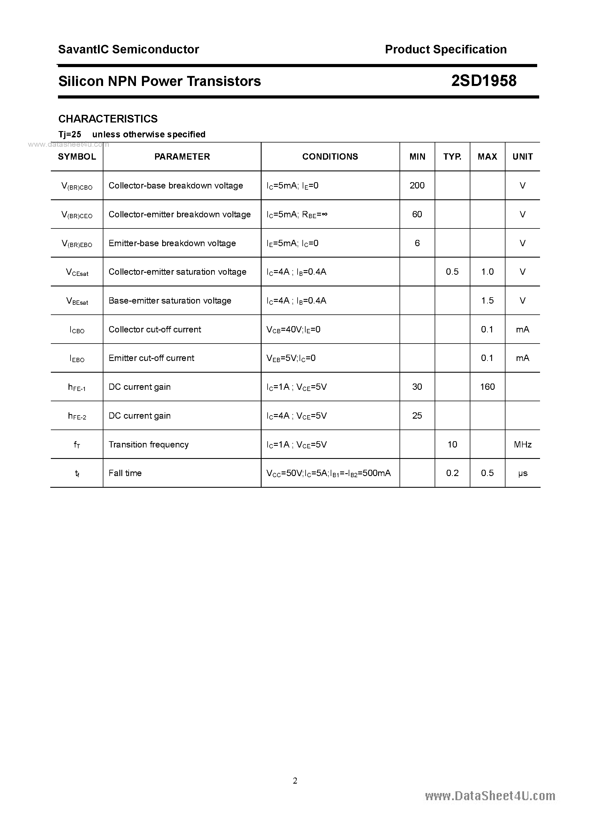 Даташит 2SD1958 - SILICON POWER TRANSISTOR страница 2
