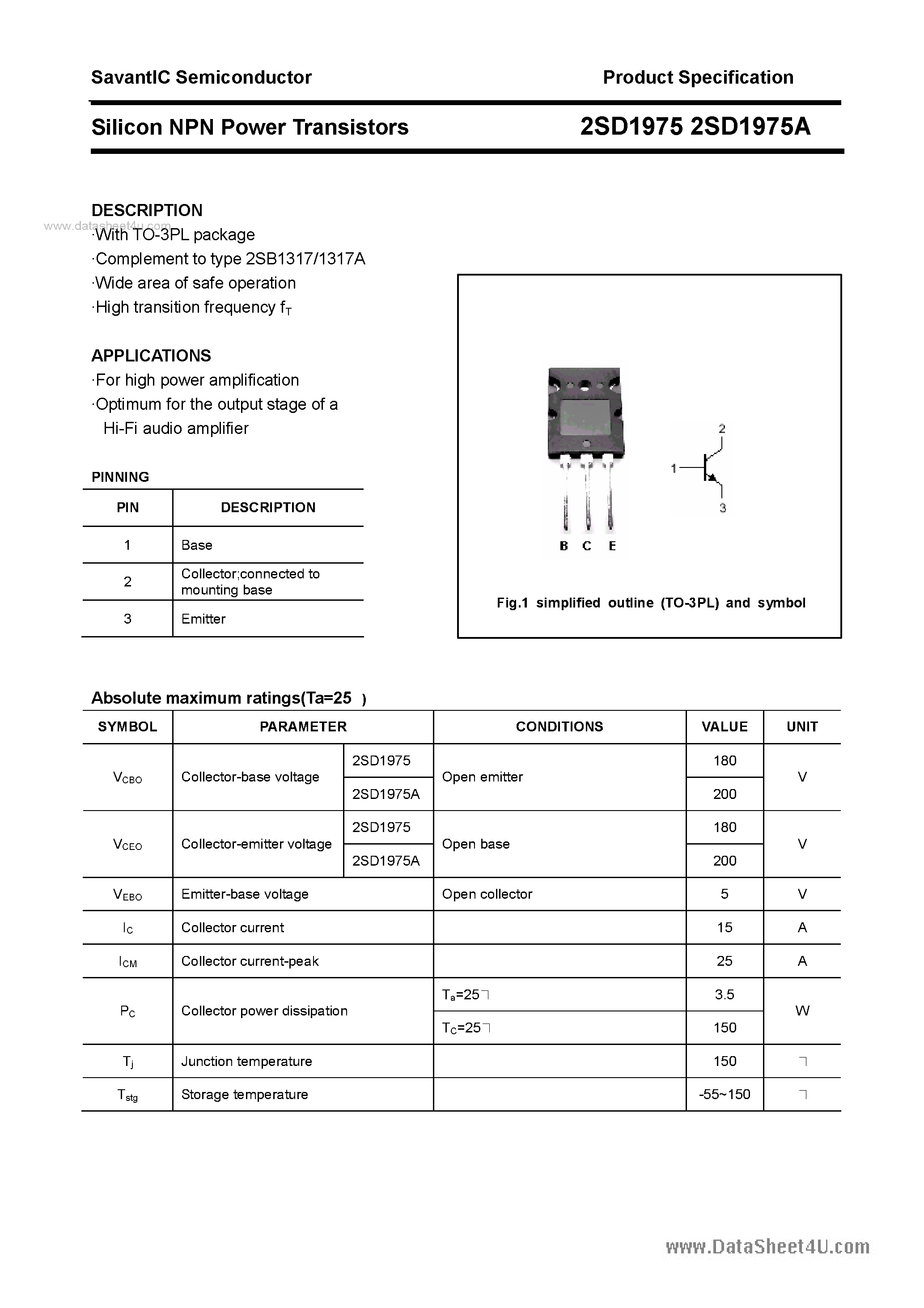 Даташит 2SD1975 - SILICON POWER TRANSISTOR страница 1