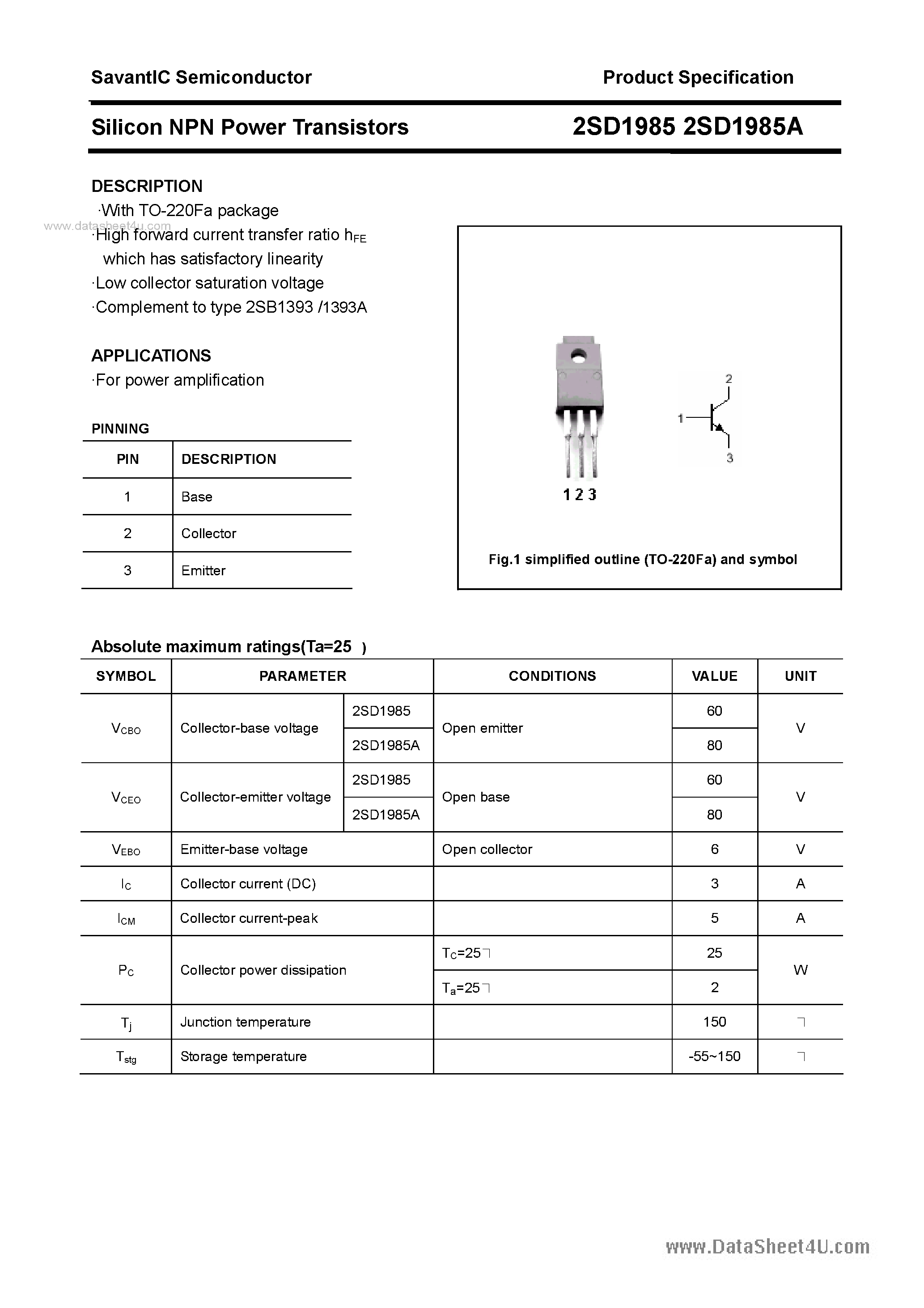 Даташит 2SD1985 - SILICON POWER TRANSISTOR страница 1