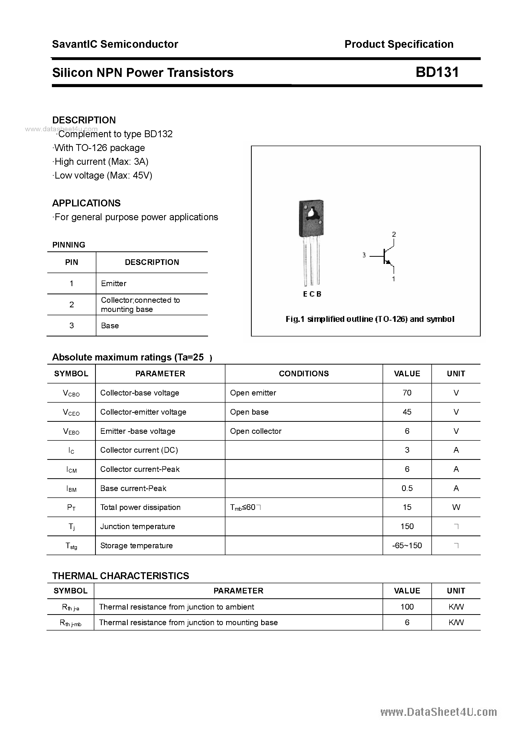 Datasheet BD131 - SILICON POWER TRANSISTOR page 1