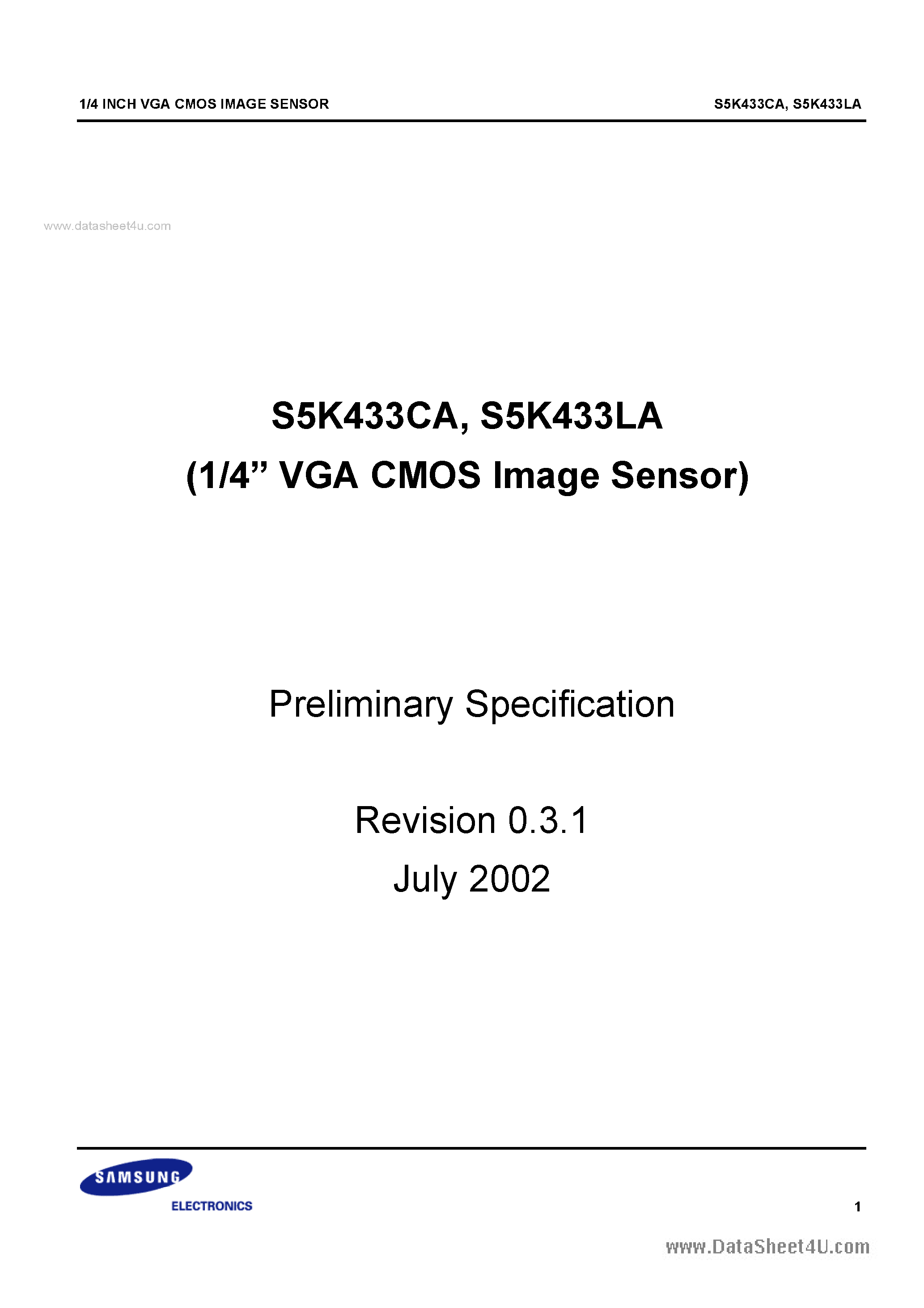 Даташит S5K433CA - 1/4 Optical Size 640x480(VGA) 3.3V/2.8V VGA CMOS Image Sensor страница 1