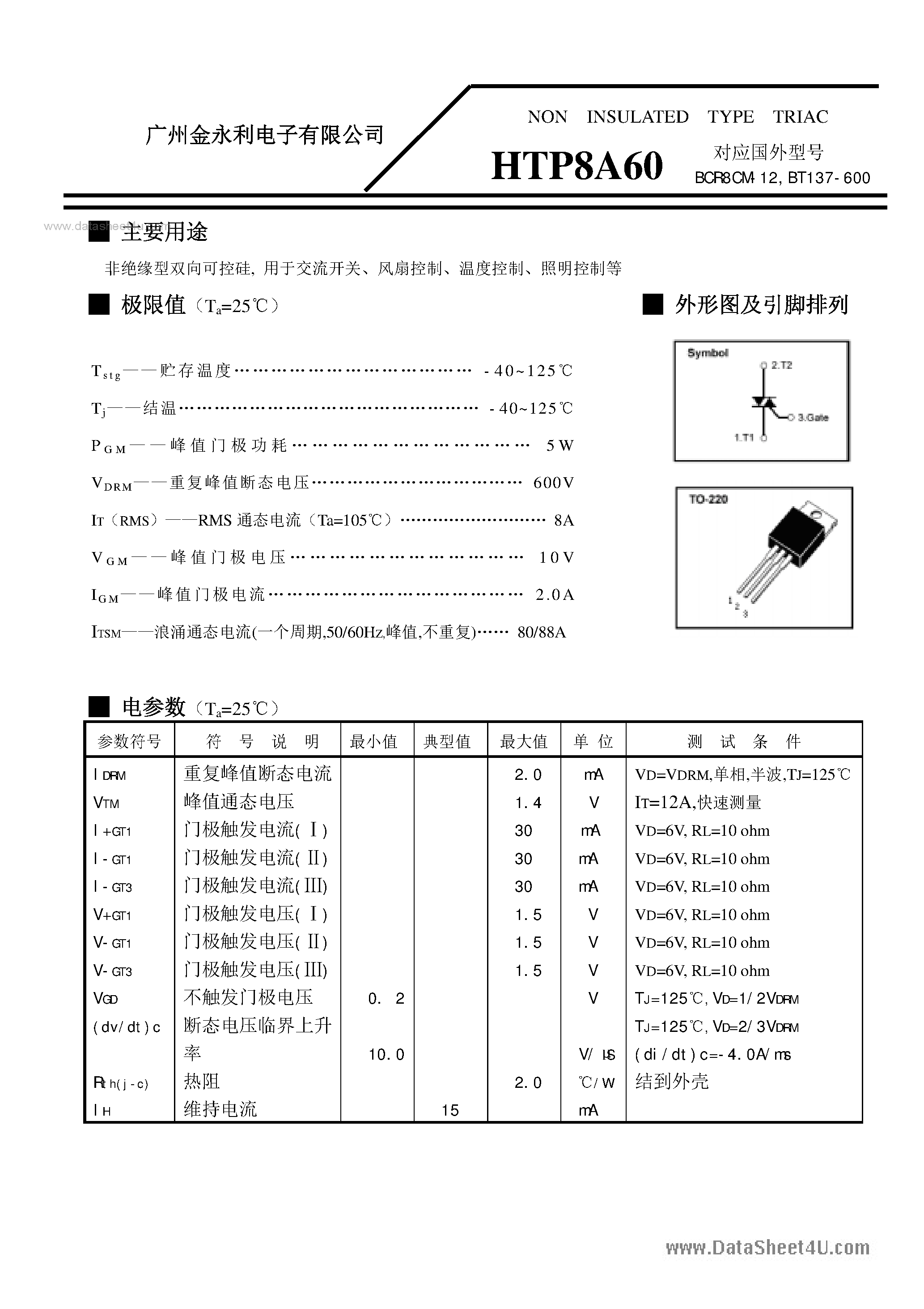 Даташит HTP8A60 - NON INSULATED TYPE TRIAC страница 1