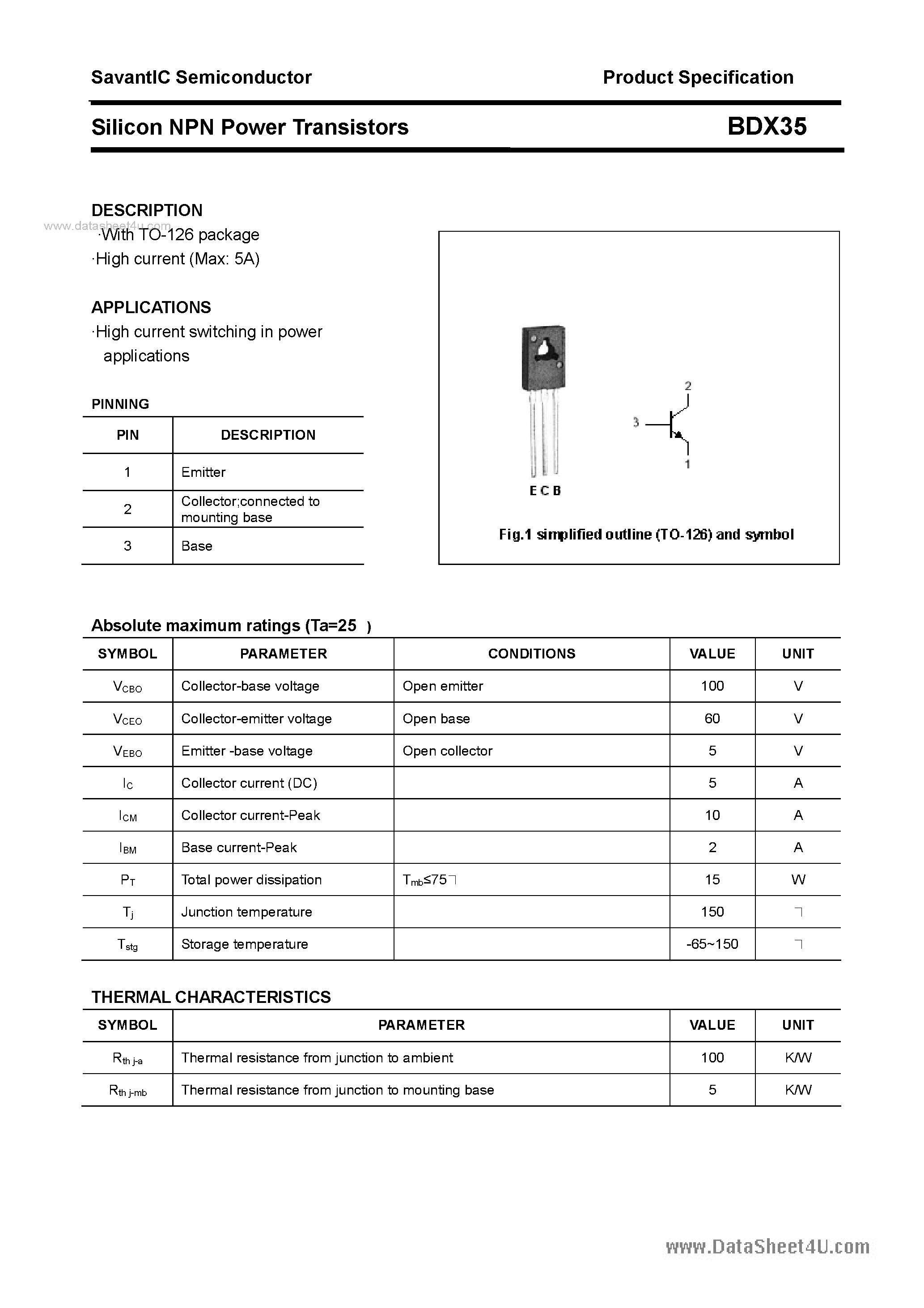 Даташит BDX35 - SILICON POWER TRANSISTOR страница 1