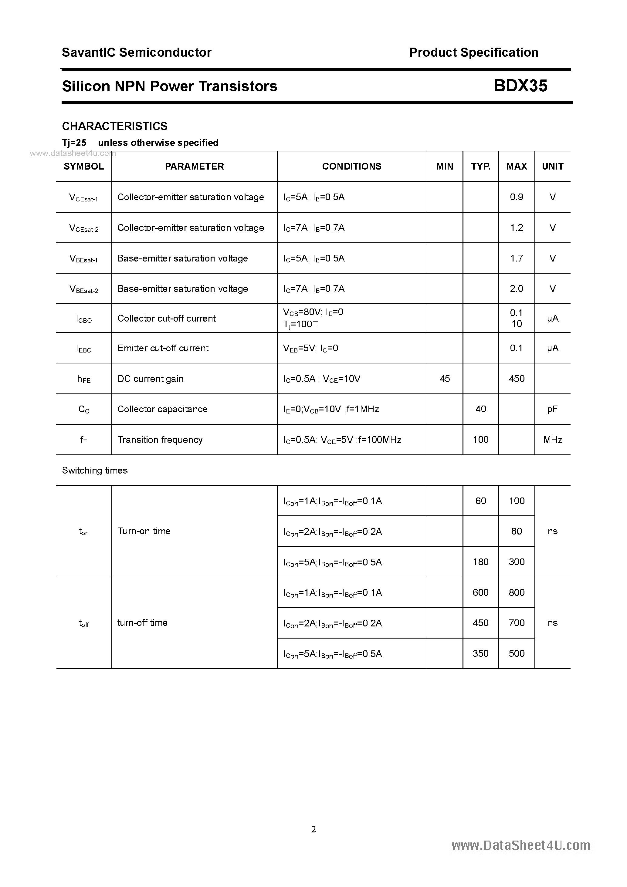 Даташит BDX35 - SILICON POWER TRANSISTOR страница 2