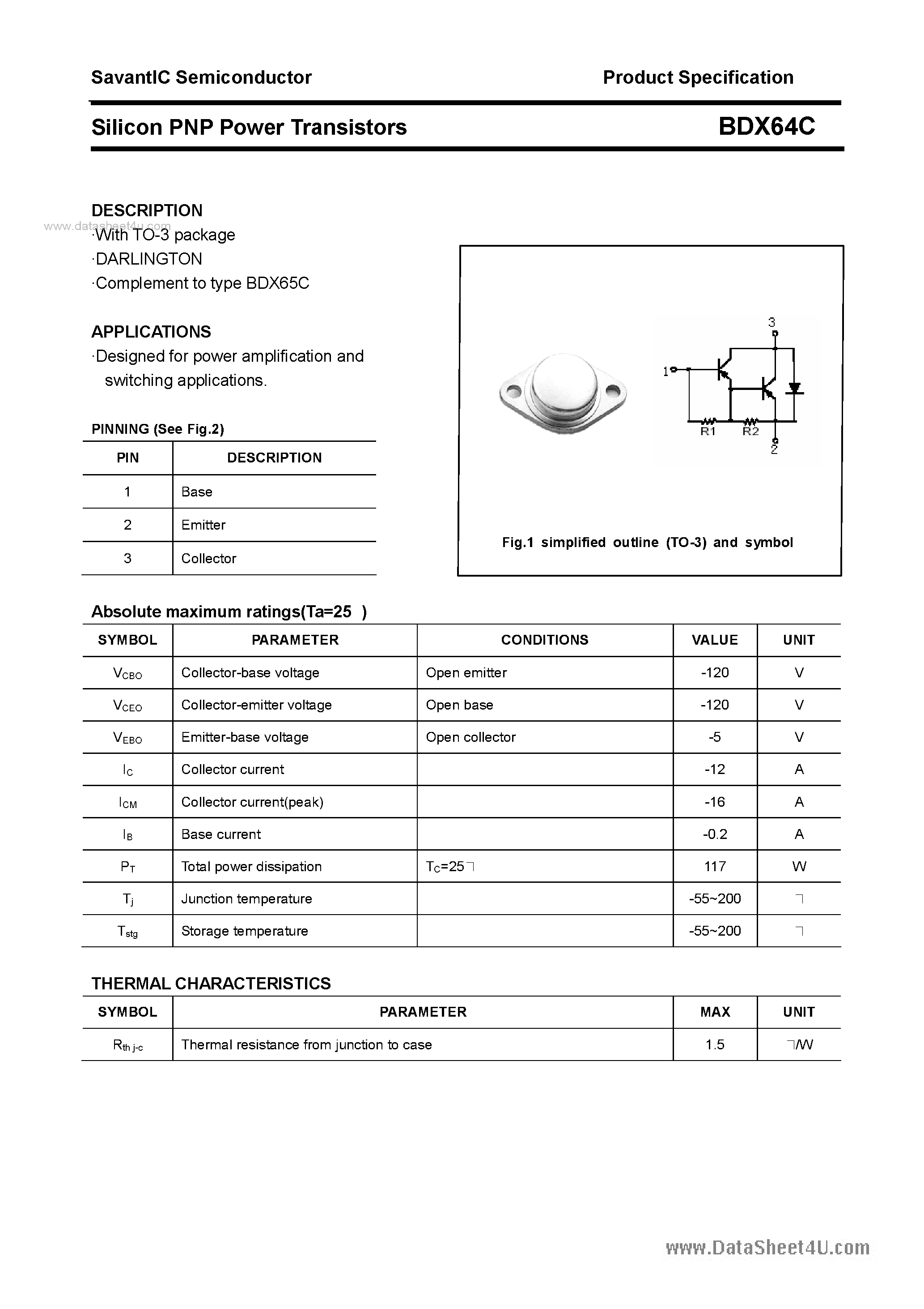 Даташит BDX64C - SILICON POWER TRANSISTOR страница 1