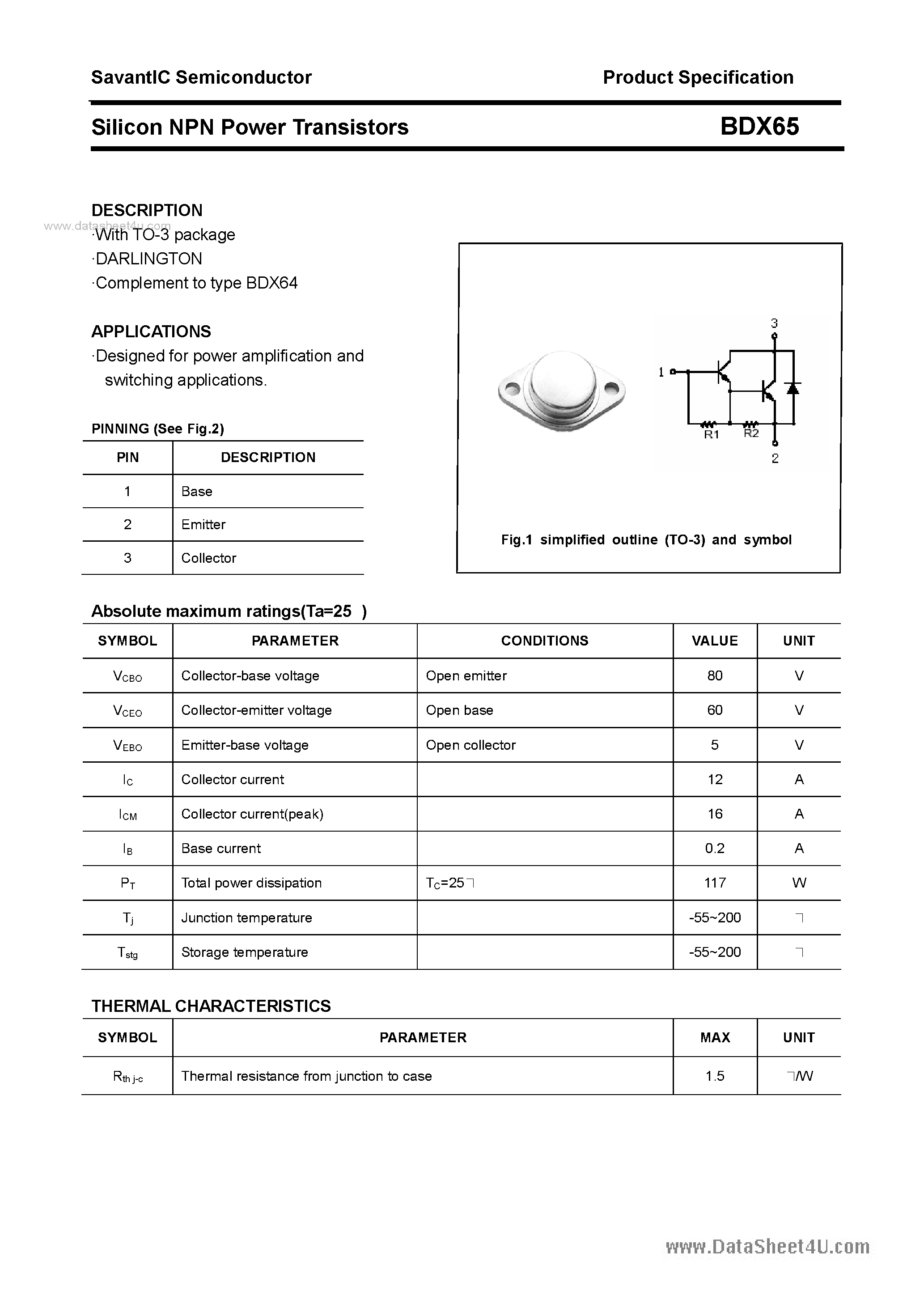 Даташит BDX65 - SILICON POWER TRANSISTOR страница 1