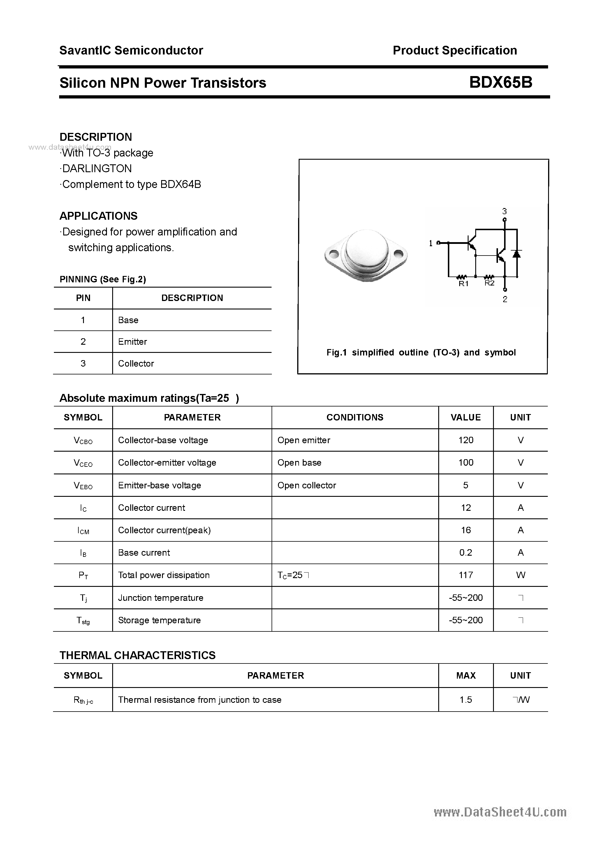 Даташит BDX65B - SILICON POWER TRANSISTOR страница 1