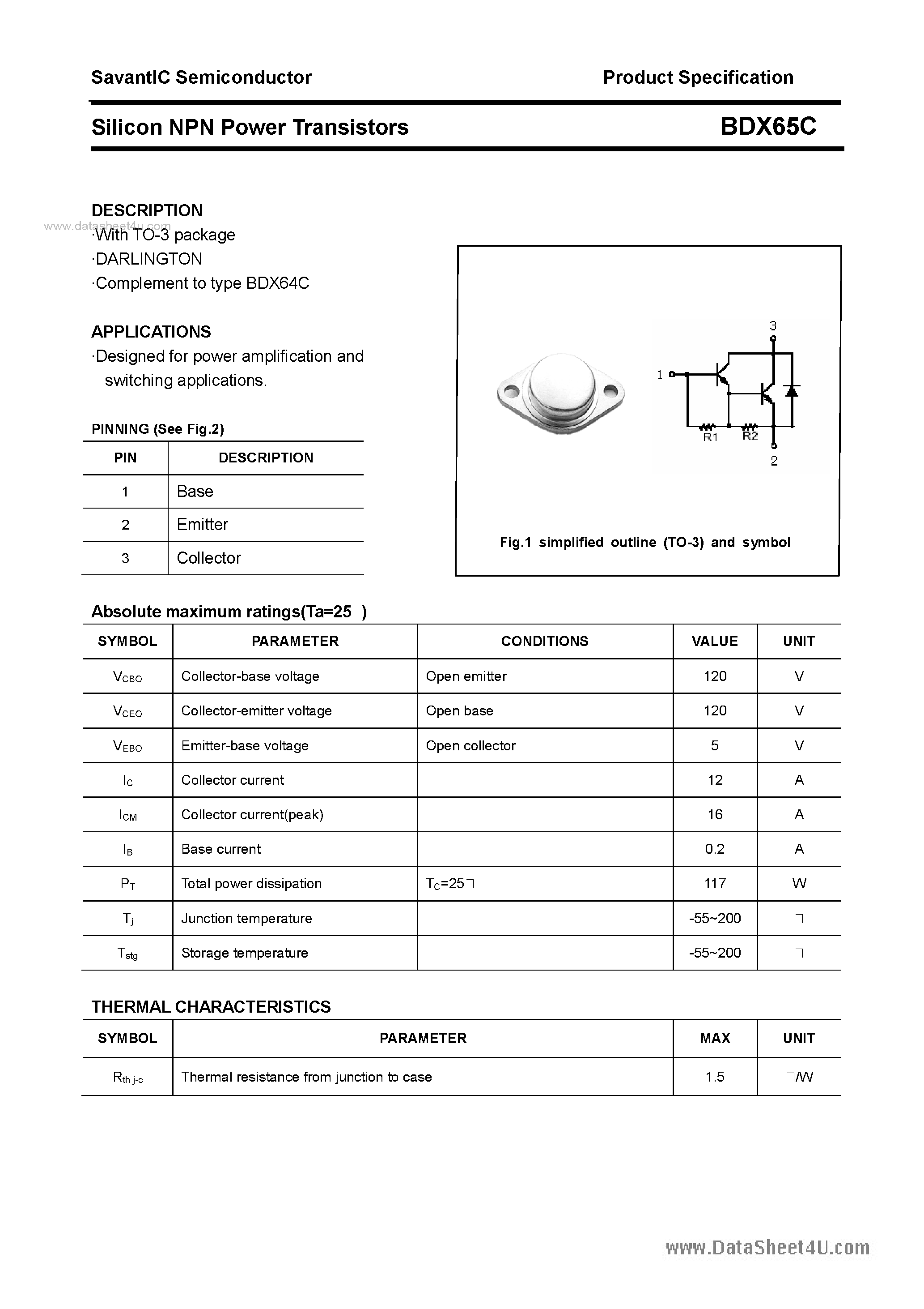 Даташит BDX65C - SILICON POWER TRANSISTOR страница 1