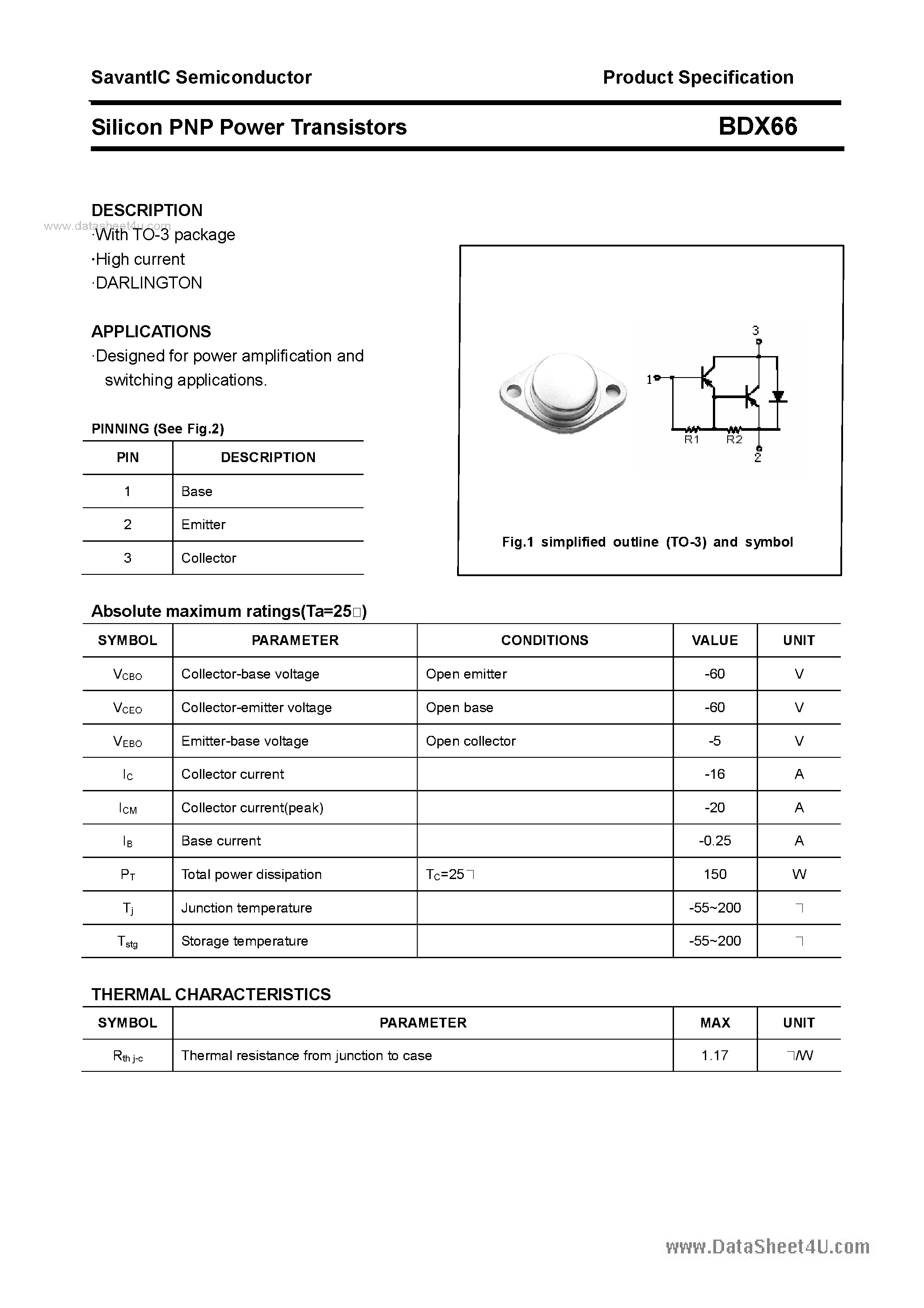 Даташит BDX66 - SILICON POWER TRANSISTOR страница 1