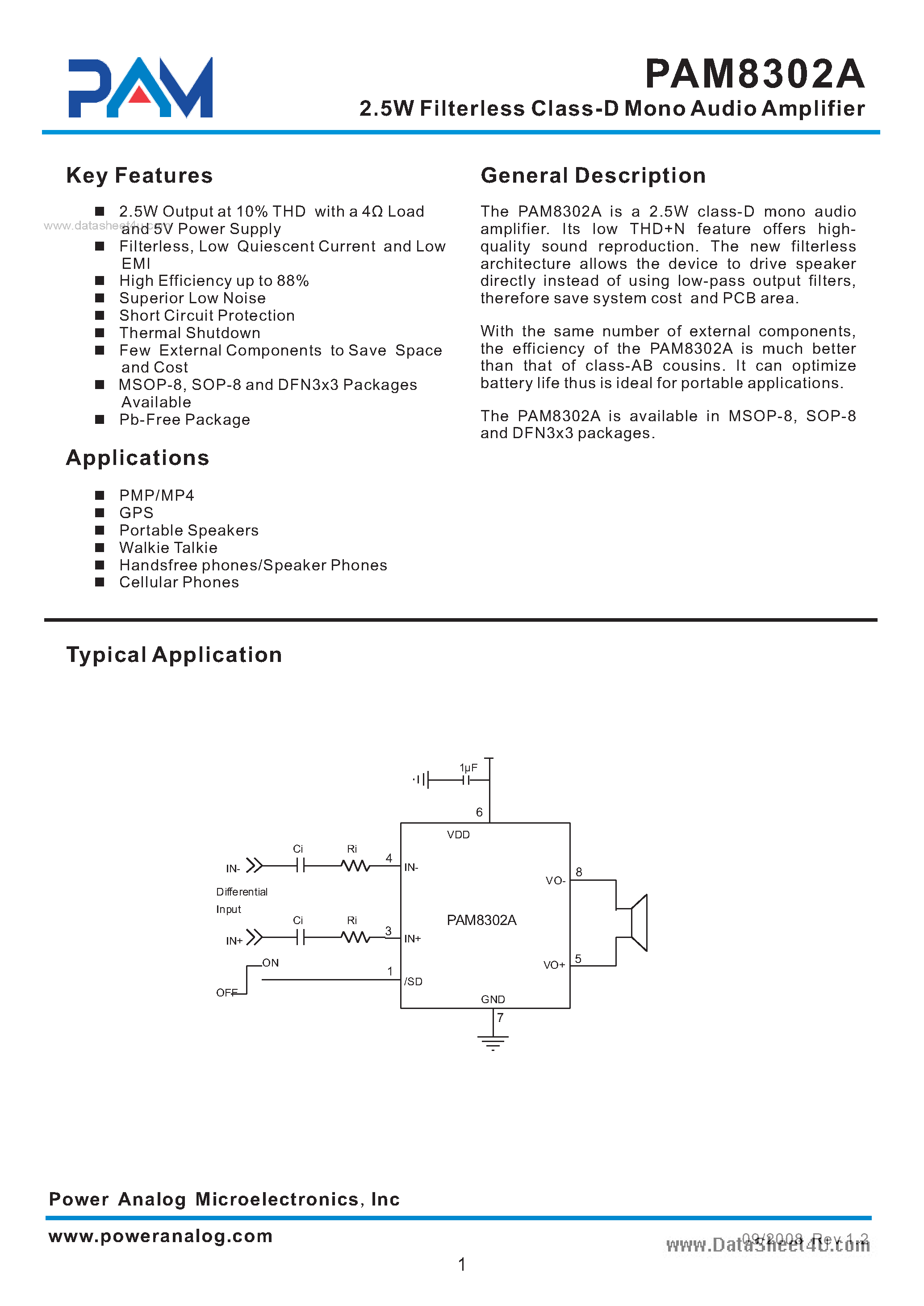 Даташит PAM8302A - 2.5W Filterless Class-D Mono Audio Amplifier страница 1