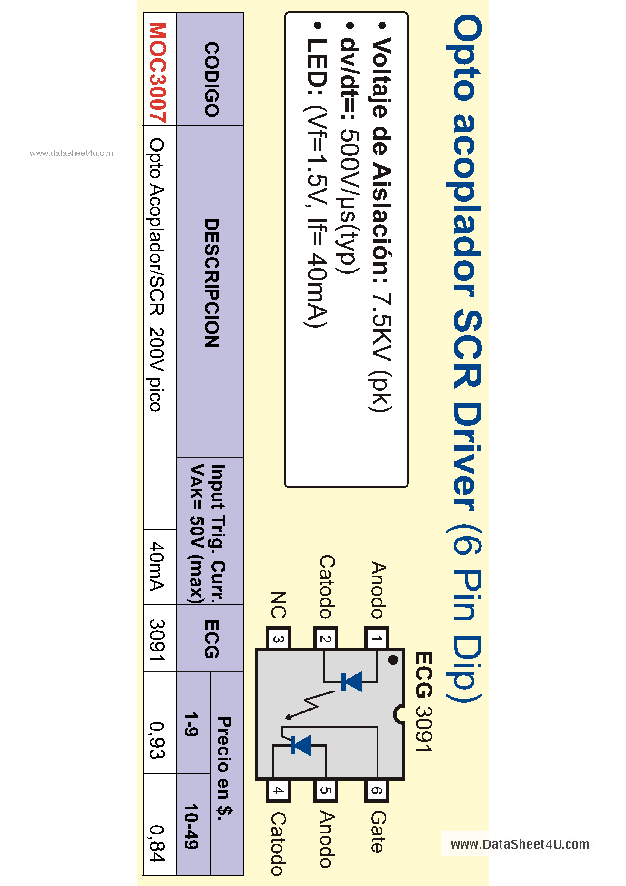 Datasheet MOC3007 - Opto Acoplador SCR Driver page 1