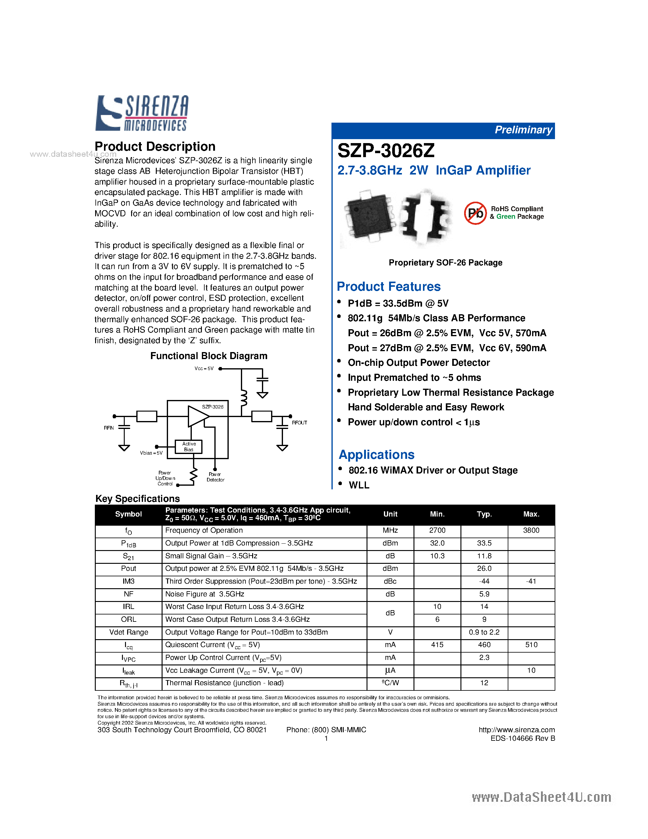 Даташит SZP-3026Z - 2.7-3.8GHz 2W InGaP Amplifier страница 1