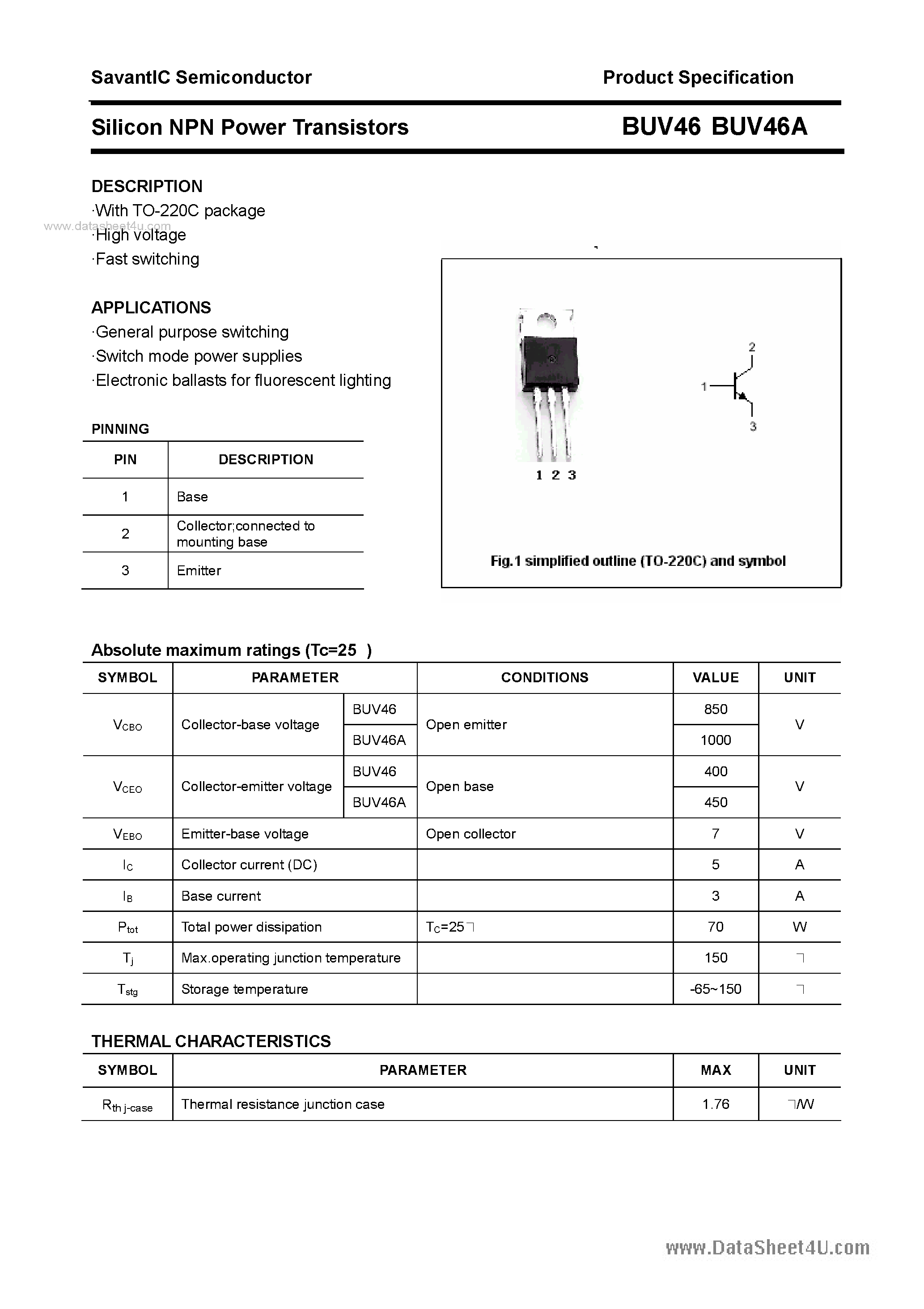 Даташит на микросхему BUV46 страница 1 Даташит BUV46 - SILICON POWER TRANSISTOR страница 1