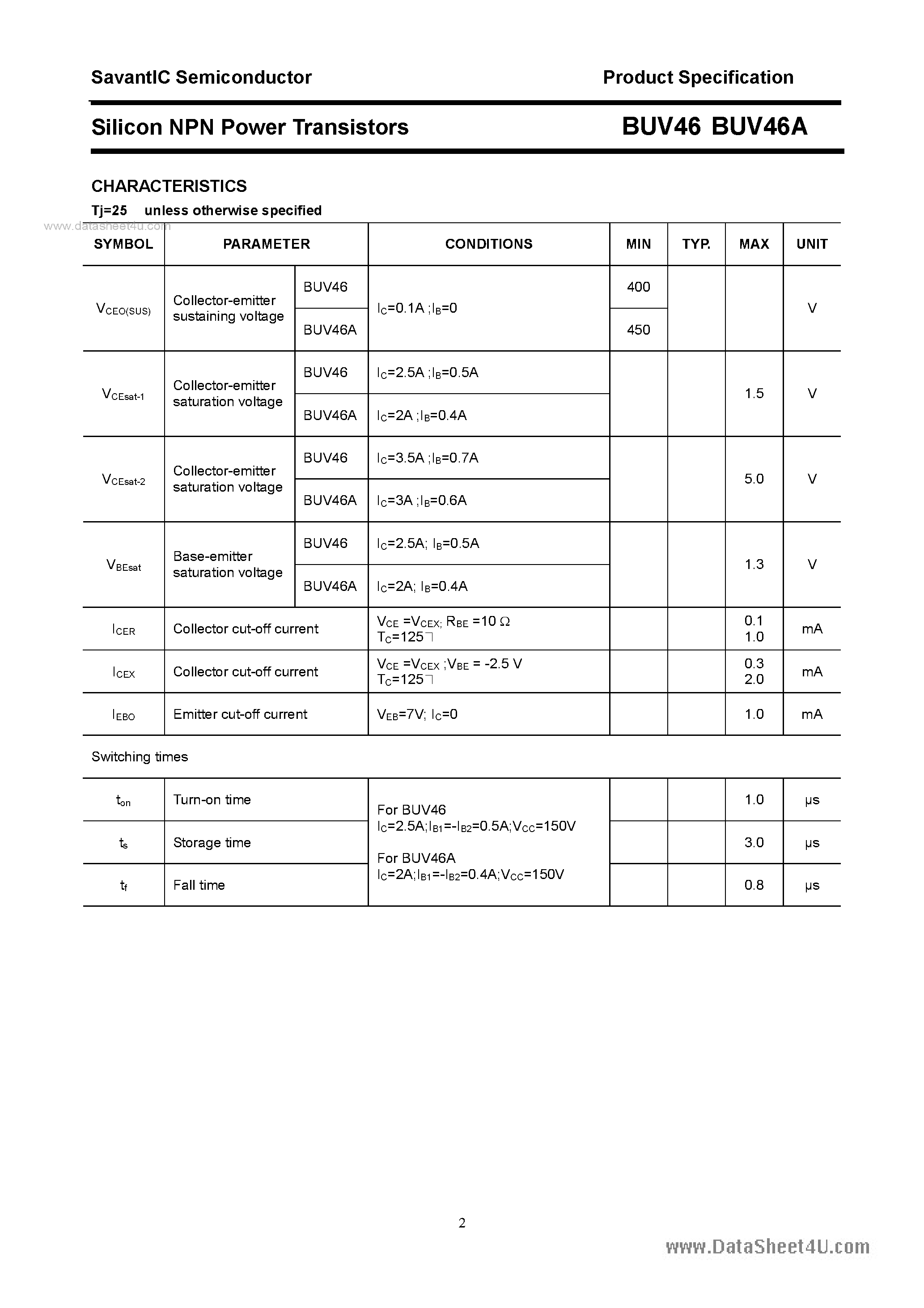 Даташит на микросхему BUV46 страница 2 Даташит BUV46 - SILICON POWER TRANSISTOR страница 2
