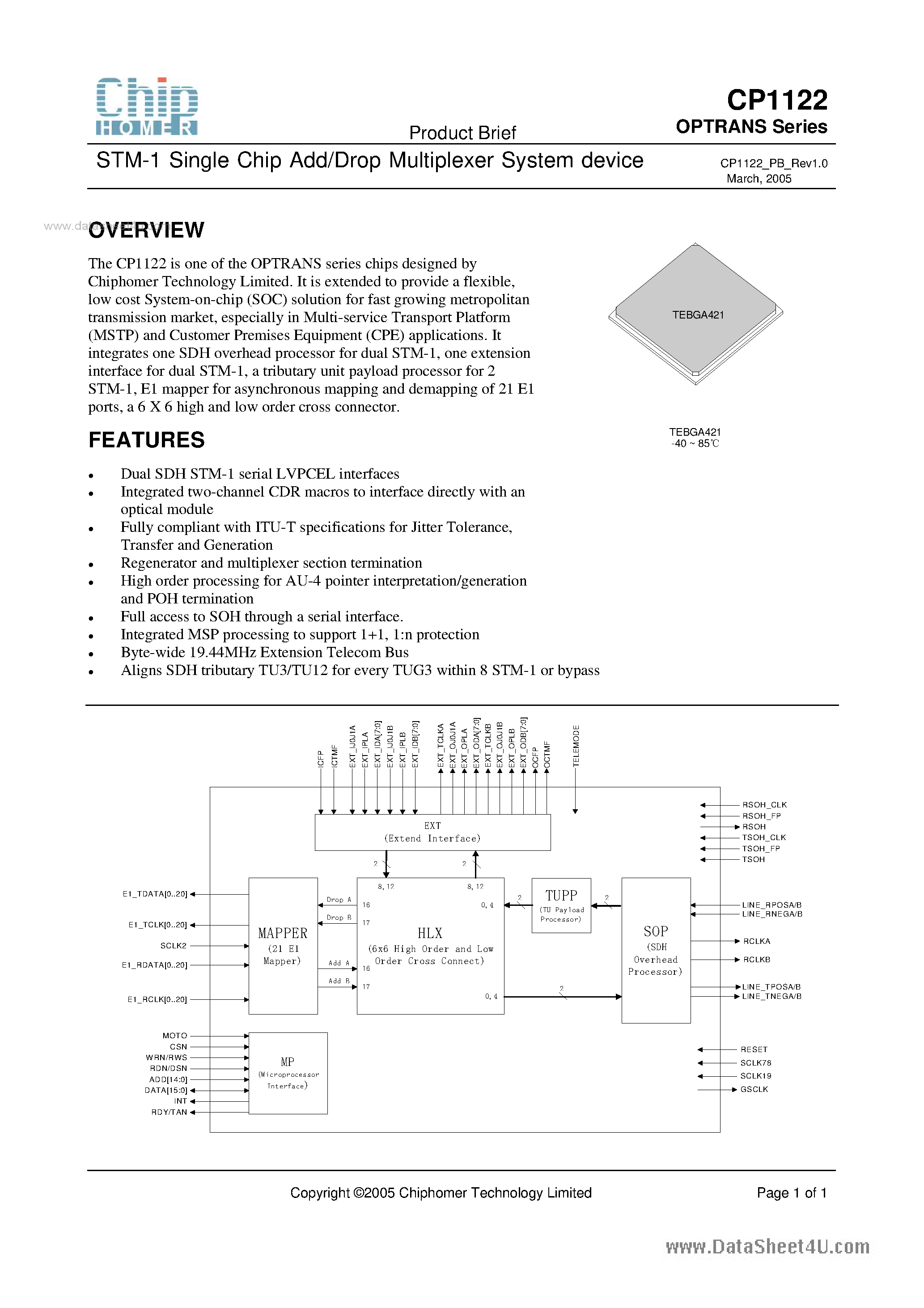 Datasheet CP1122 - STM-1 Single Chip Add/Drop Multiplexer System Device page 1